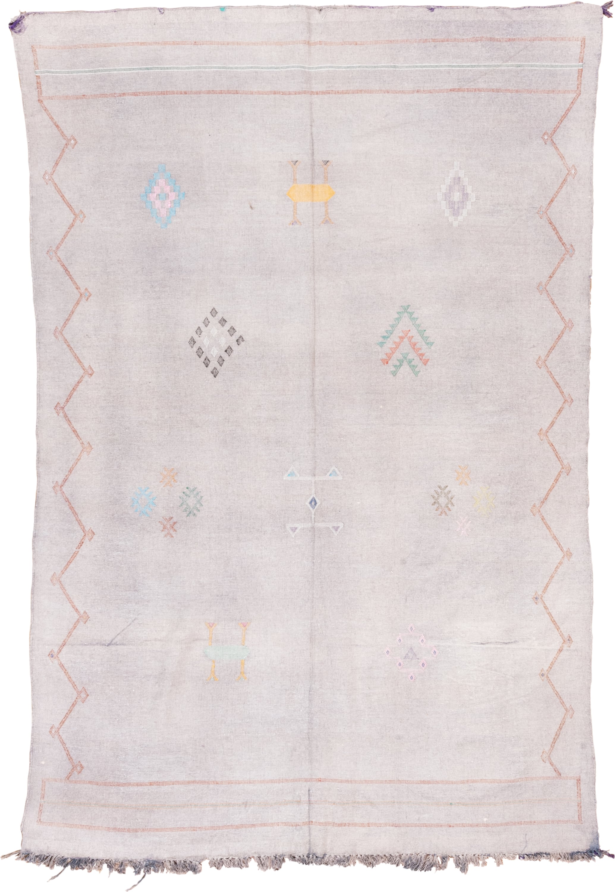 5' x 9' one-of-a-kind handmade vintage Cactus Kilim medium size rug. Color palette: blush, ivory, peach, aqua, lavender