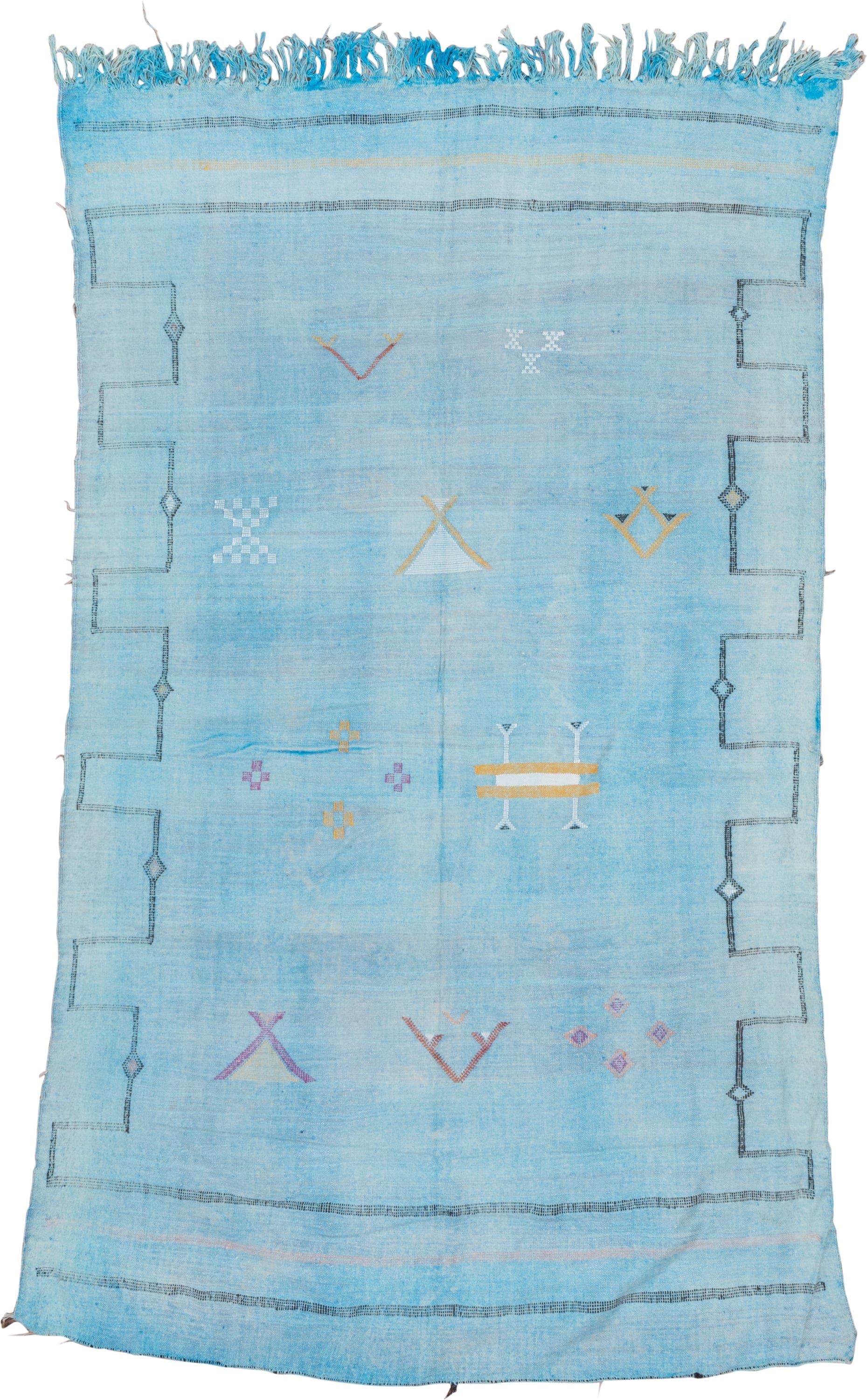 4' x 7' one-of-a-kind handmade vintage Cactus Kilim rug. Color palette: sky blue, turquoise, charcoal, ivory, gold, rose