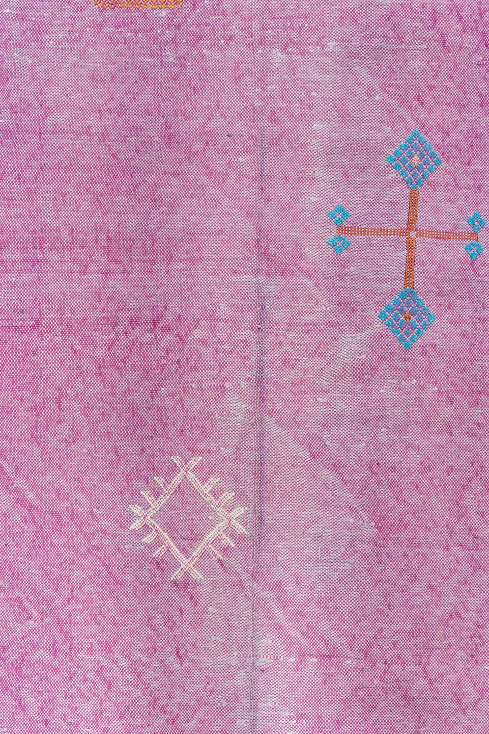 4' x 8' one-of-a-kind handmade vintage Cactus Kilim rug. Color palette: pink, rose, magenta, ivory, saffron, sky_blue