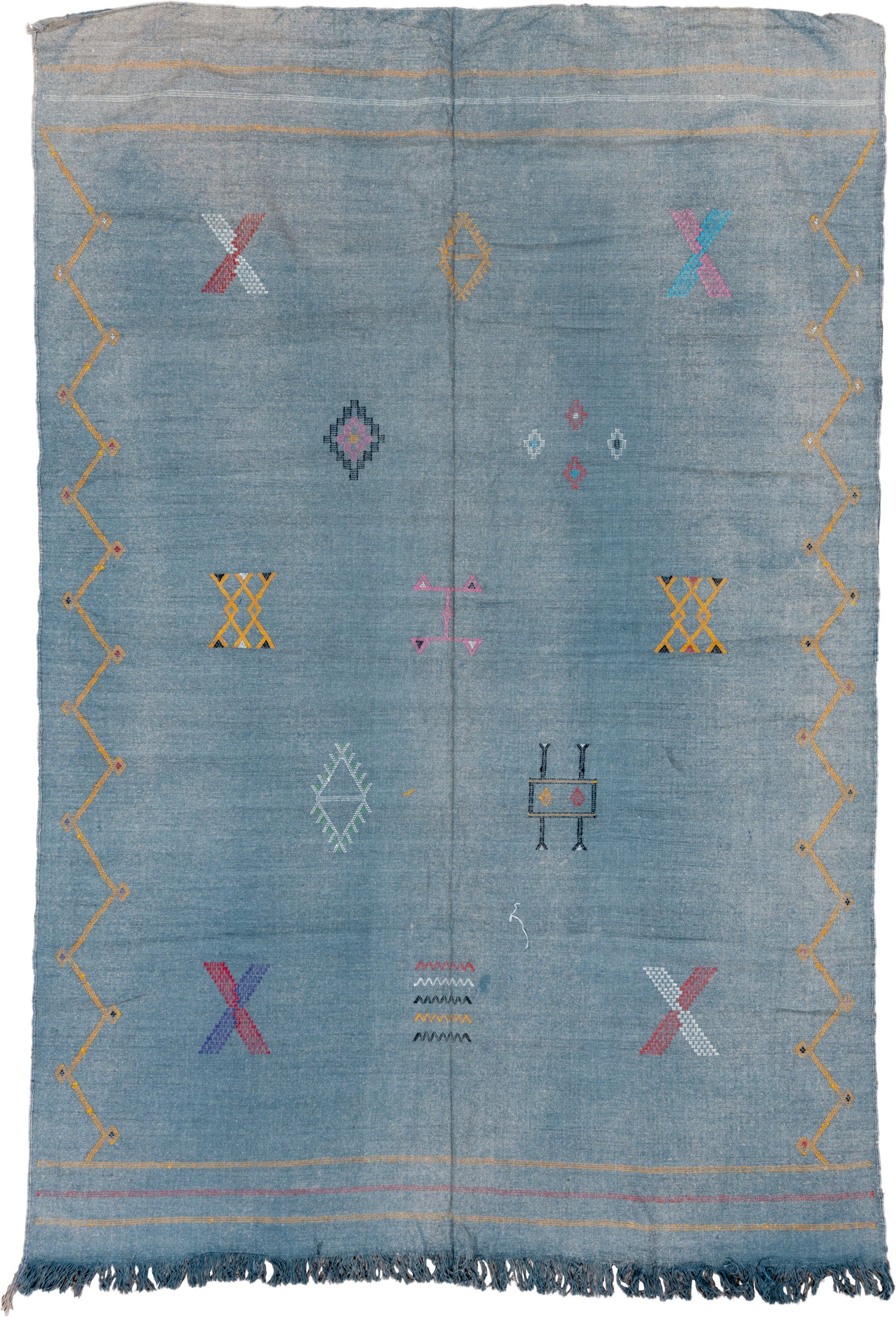 5' x 8' one-of-a-kind handmade vintage Cactus Kilim medium size rug. Color palette: blue, gold, ivory, pink, red, turquoise