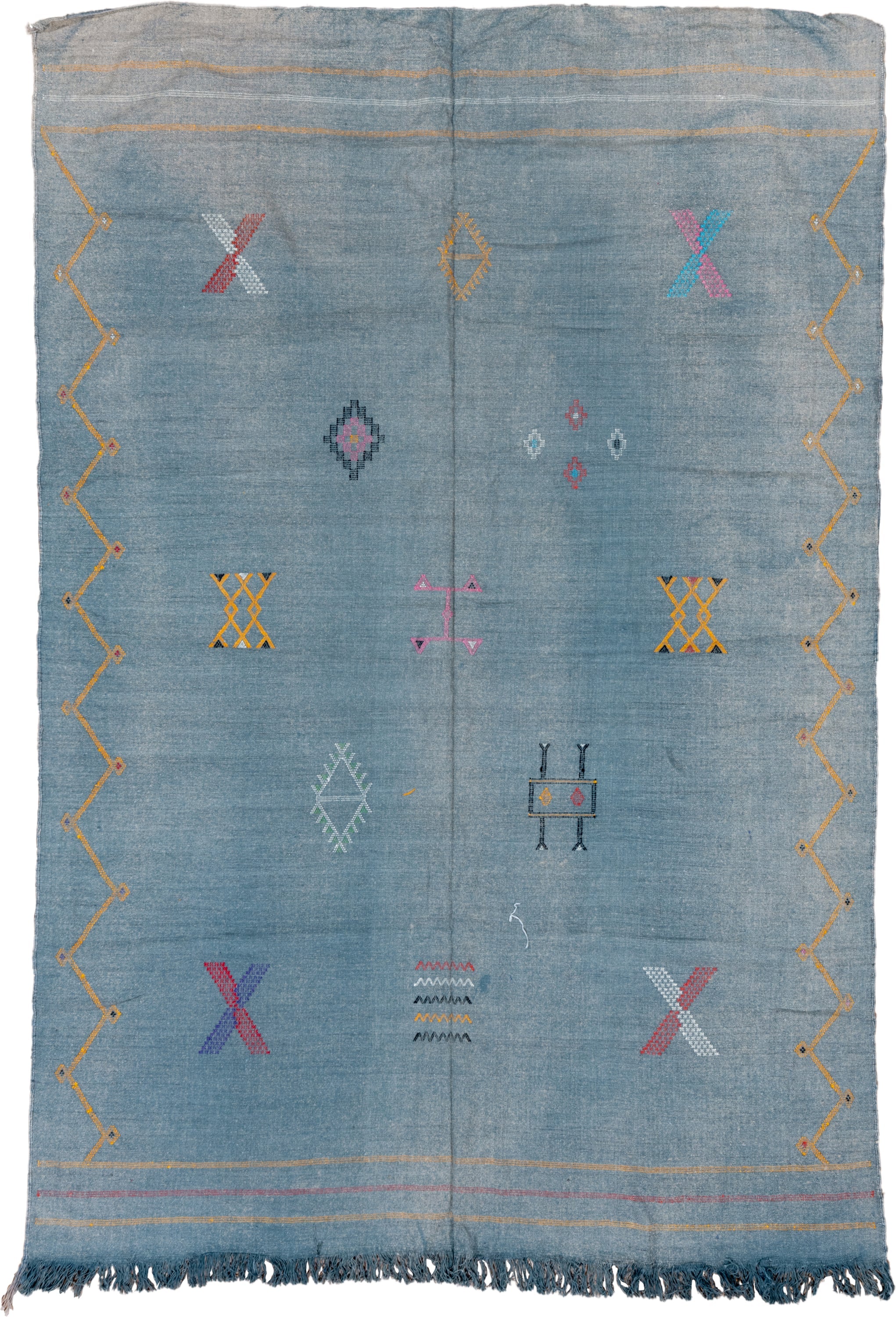 5' x 8' one-of-a-kind handmade vintage Cactus Kilim medium size rug. Color palette: blue, gold, ivory, pink, red, turquoise