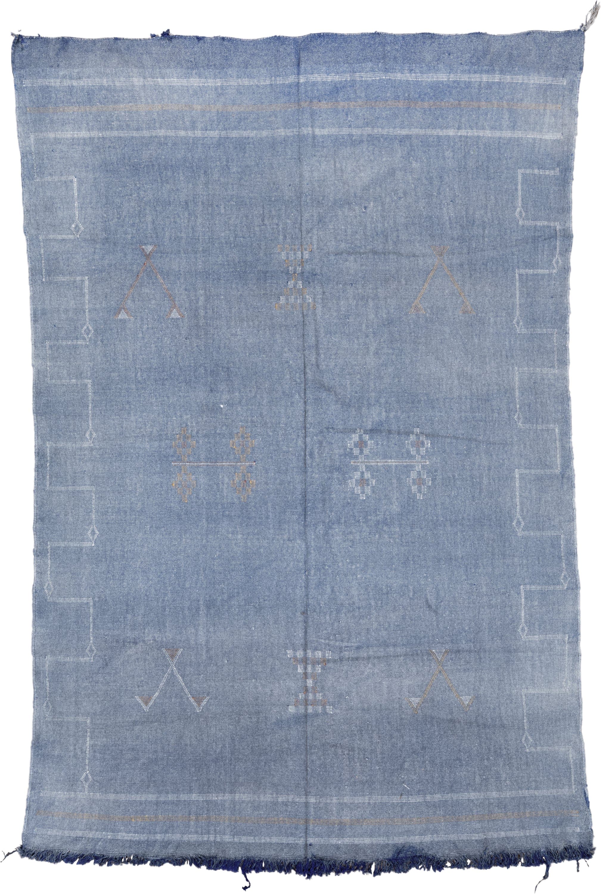 5' x 8' one-of-a-kind handmade vintage Cactus Kilim medium size rug. Color palette: faded blue, ivory, taupe, slate, blue