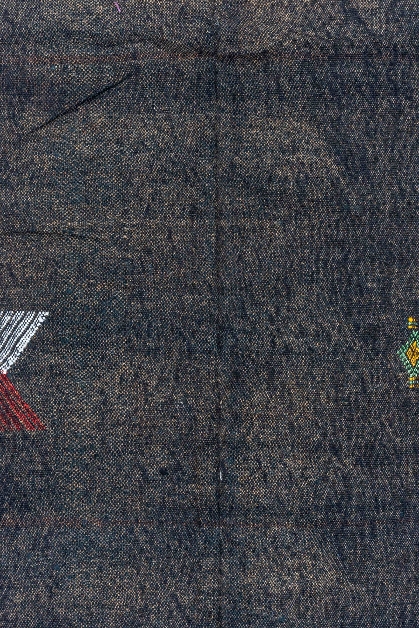 5' x 9' one-of-a-kind handmade vintage Cactus Kilim medium size rug. Color palette: charcoal, slate, ivory, rust, sky blue
