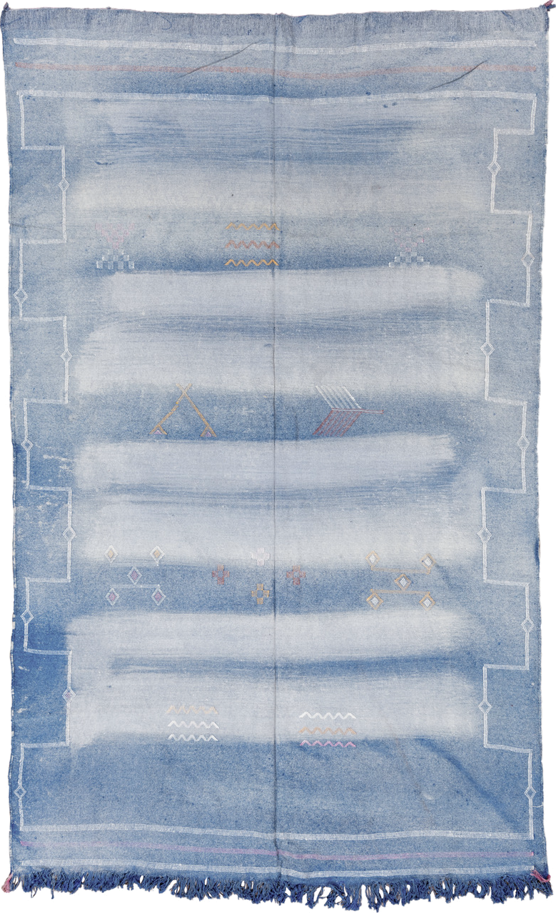 5' x 8' one-of-a-kind handmade vintage Cactus Kilim medium size rug. Color palette: blue, dark gray, gainsboro, gray