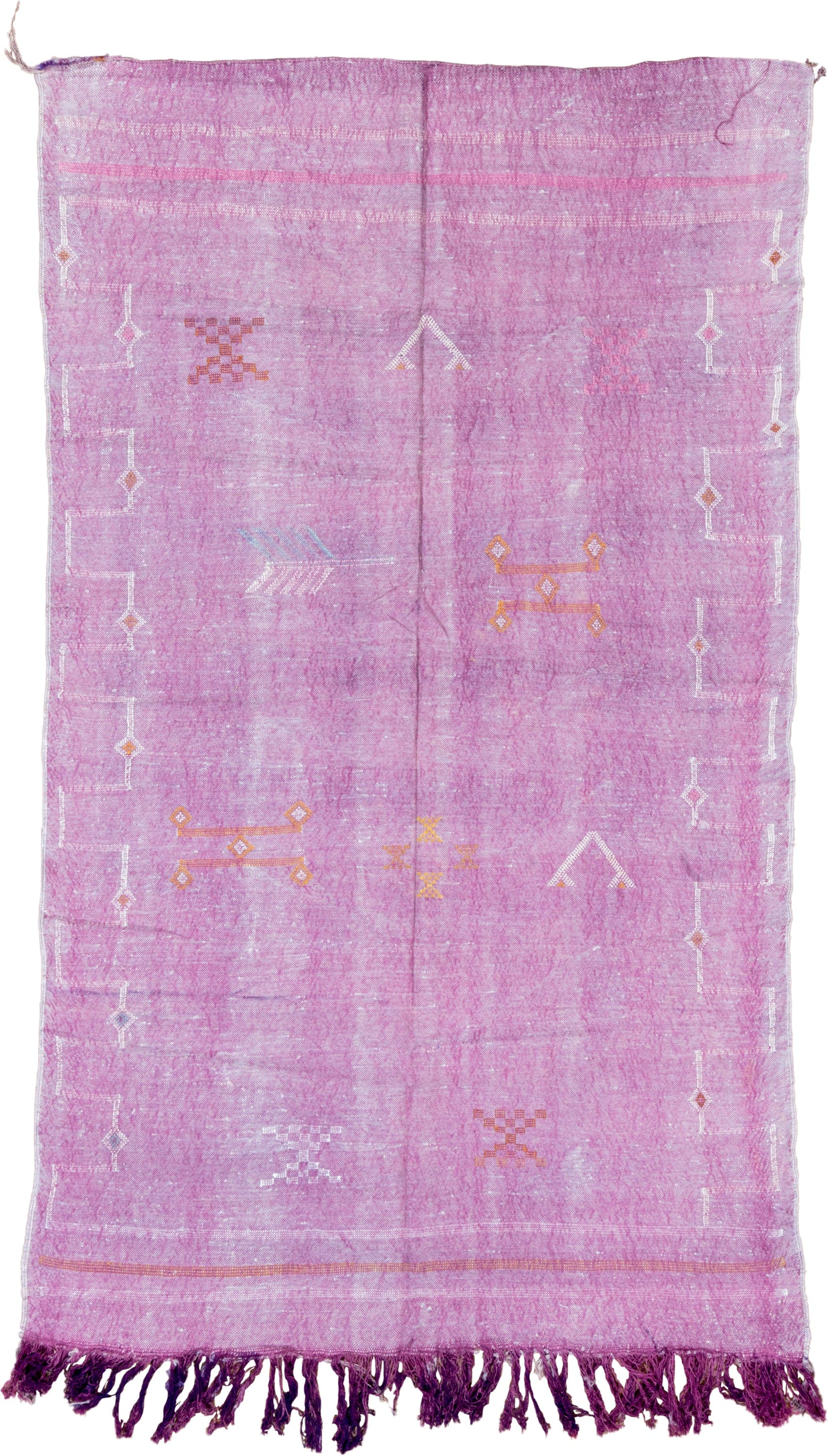 4' x 7' one-of-a-kind handmade vintage Cactus Kilim rug. Color palette: pink, lavender, ivory, rose, orange, plum