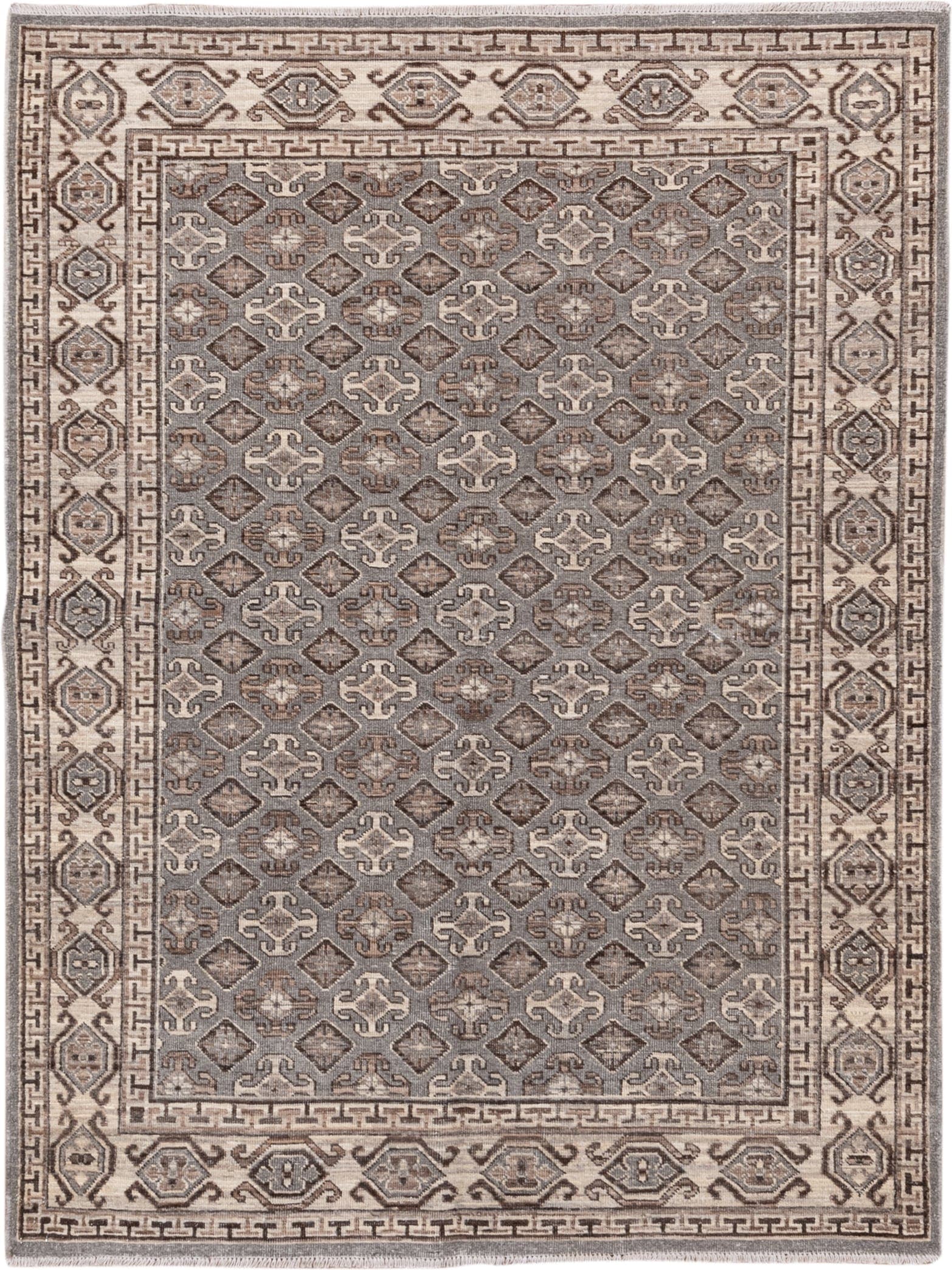 4' x 6' one-of-a-kind handmade vintage Khotan small size rug. Color palette: taupe, ivory, brown, charcoal, camel, greige