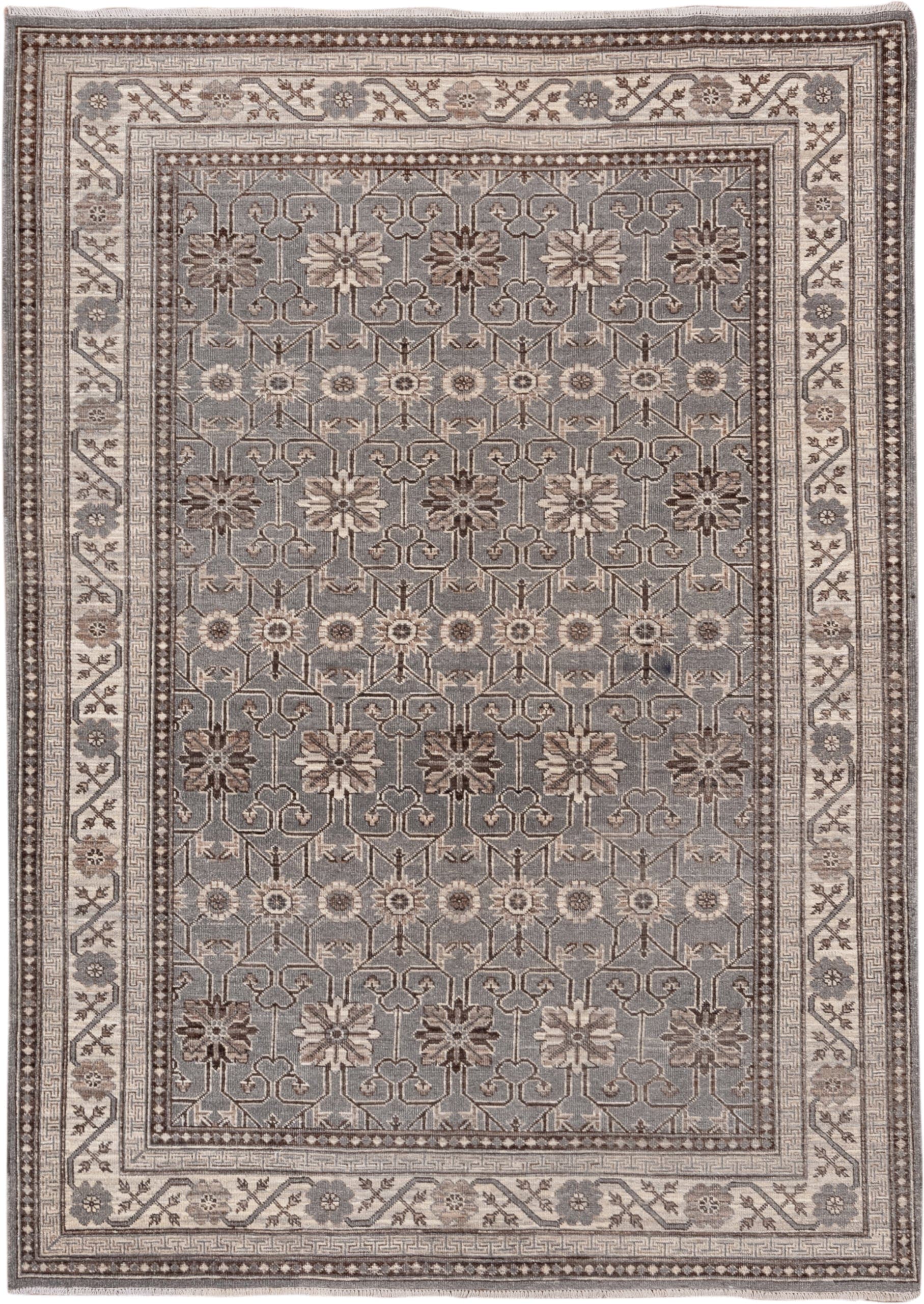 5' x 7' one-of-a-kind handmade vintage Khotan rug. Color palette: gray, ivory, taupe, brown, charcoal, beige, black