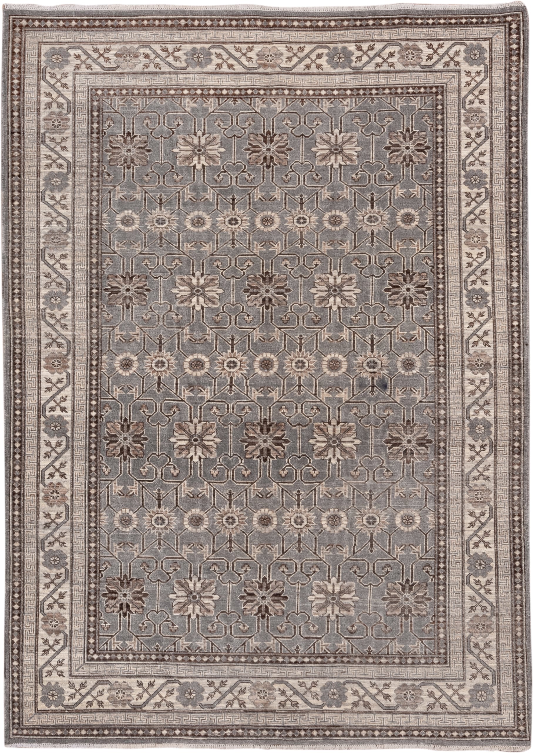 5' x 7' one-of-a-kind handmade vintage Khotan rug. Color palette: gray, ivory, taupe, brown, charcoal, beige, black