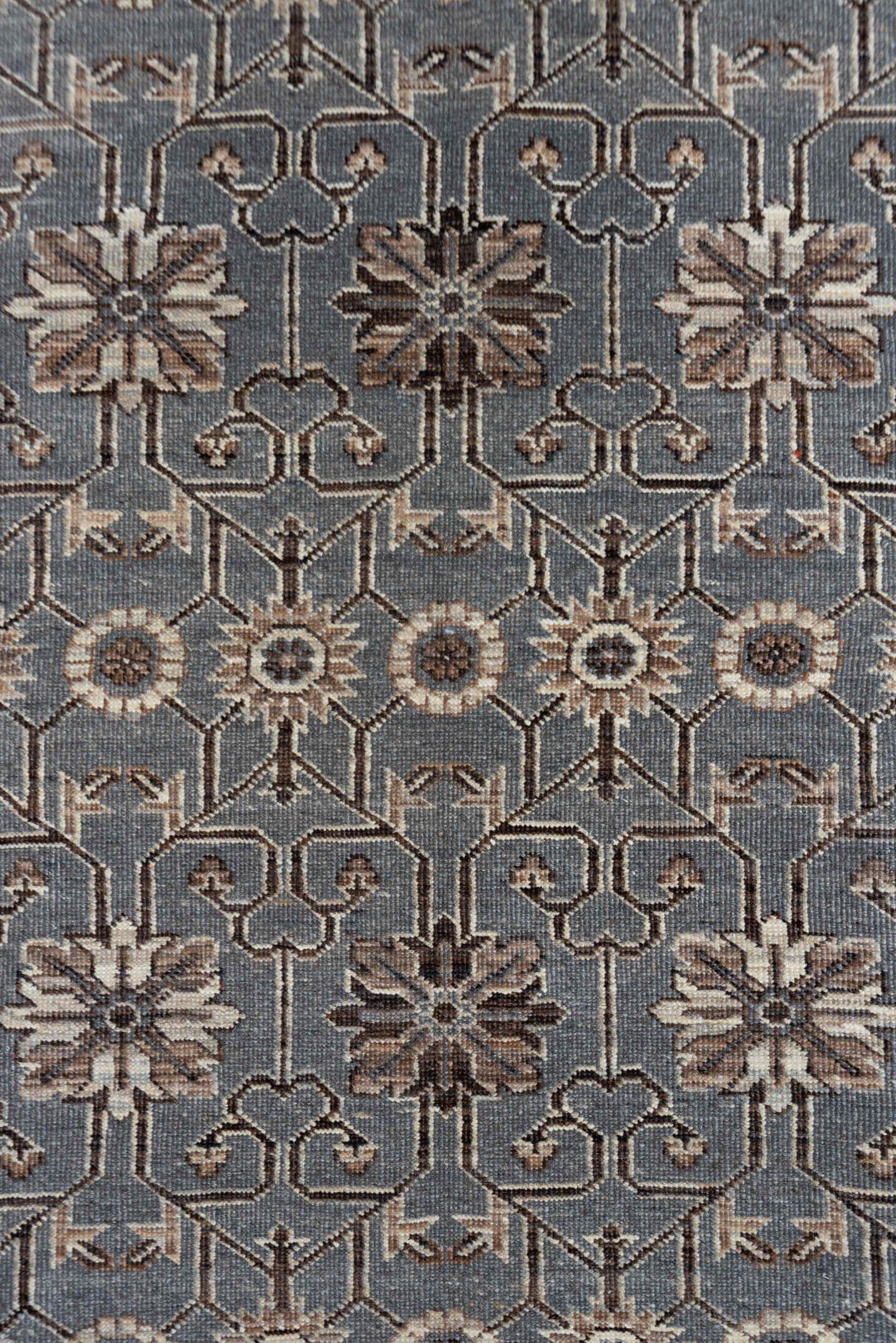 5' x 7' one-of-a-kind handmade vintage Khotan rug. Color palette: gray, ivory, taupe, brown, charcoal, beige, black