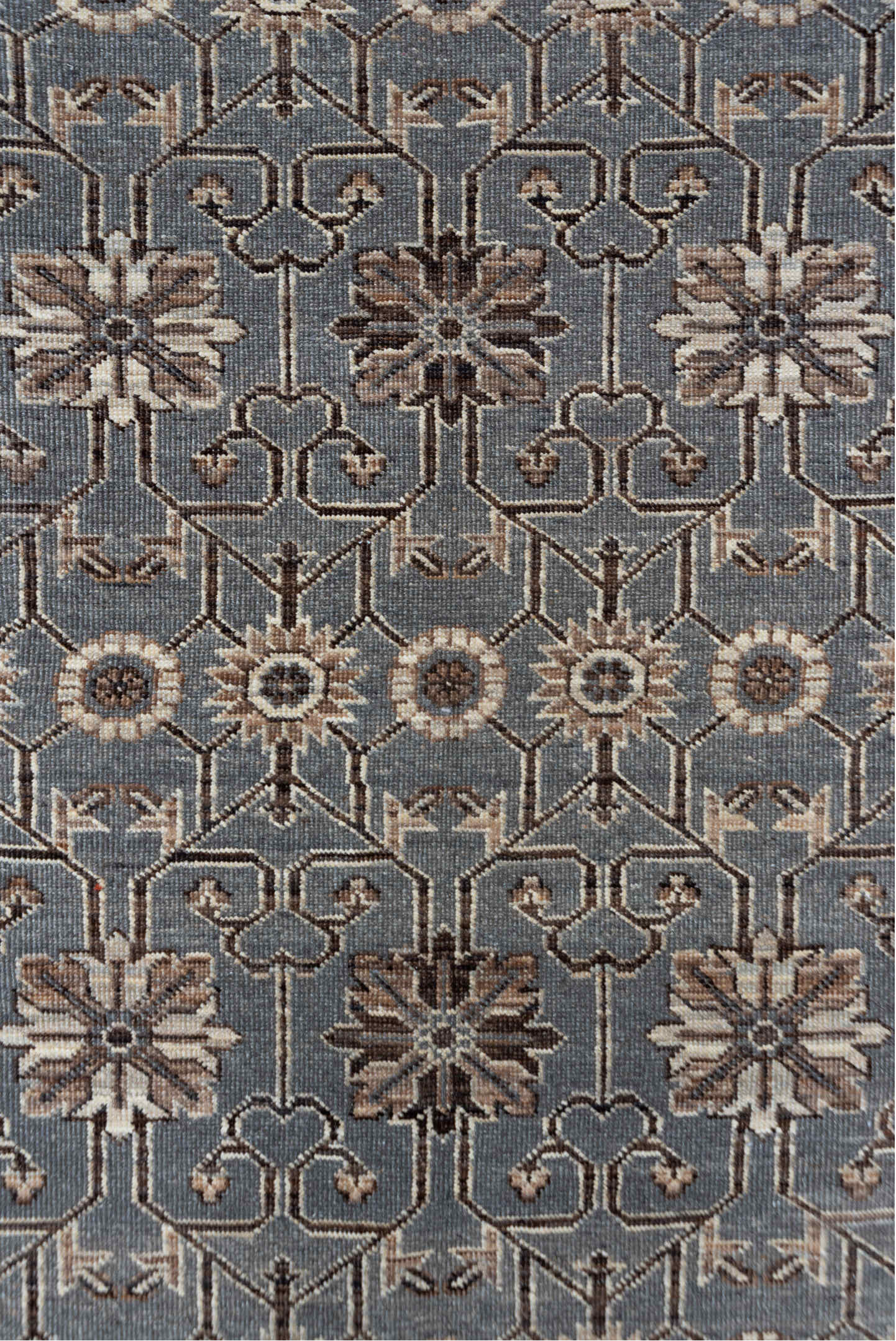 5' x 7' one-of-a-kind handmade vintage Khotan rug. Color palette: gray, ivory, taupe, brown, charcoal, beige, black