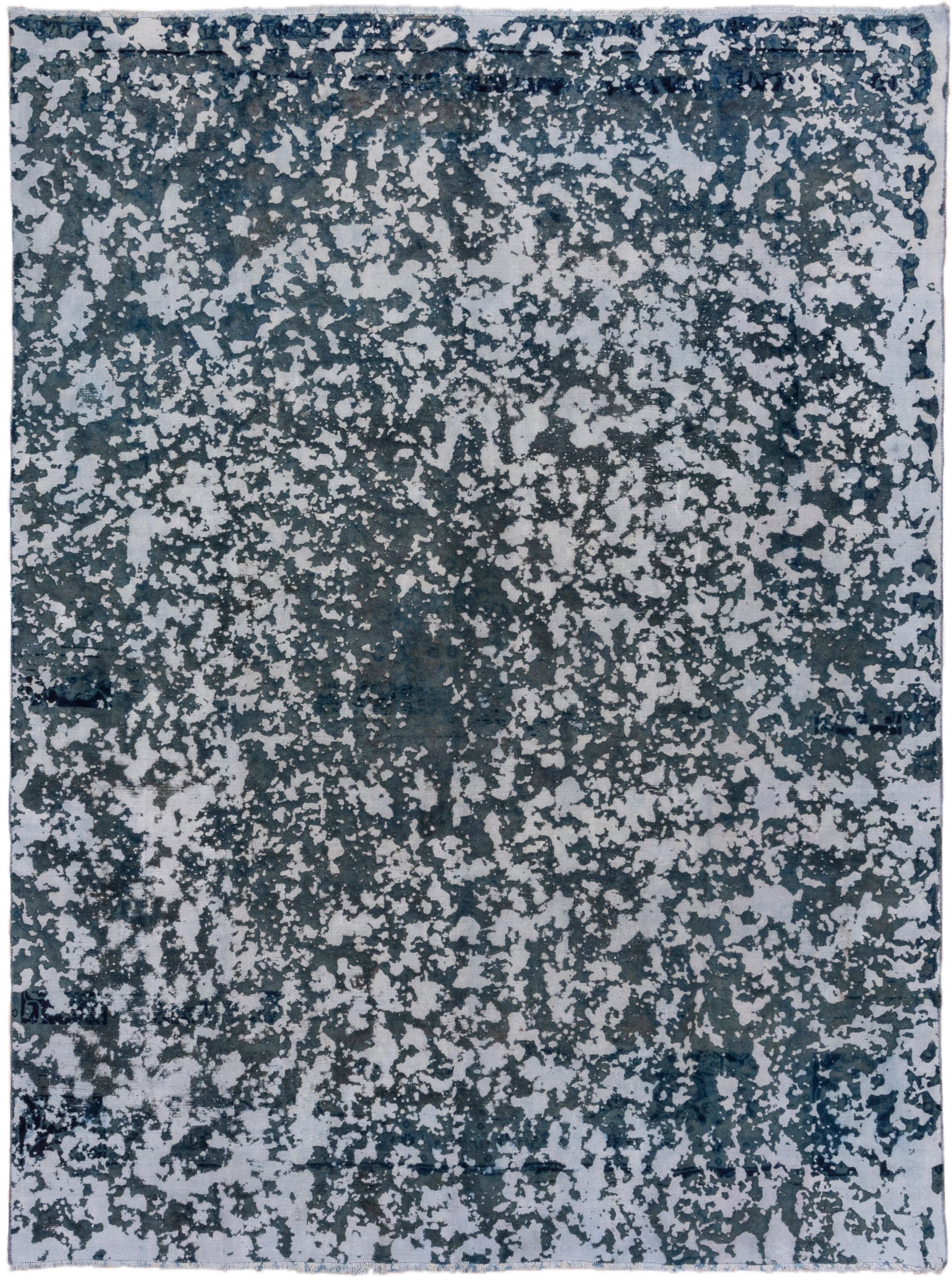 9' x 12' one-of-a-kind handmade vintage Overdyed large size rug. Color palette: blue, slate, ivory, charcoal, steel_blue