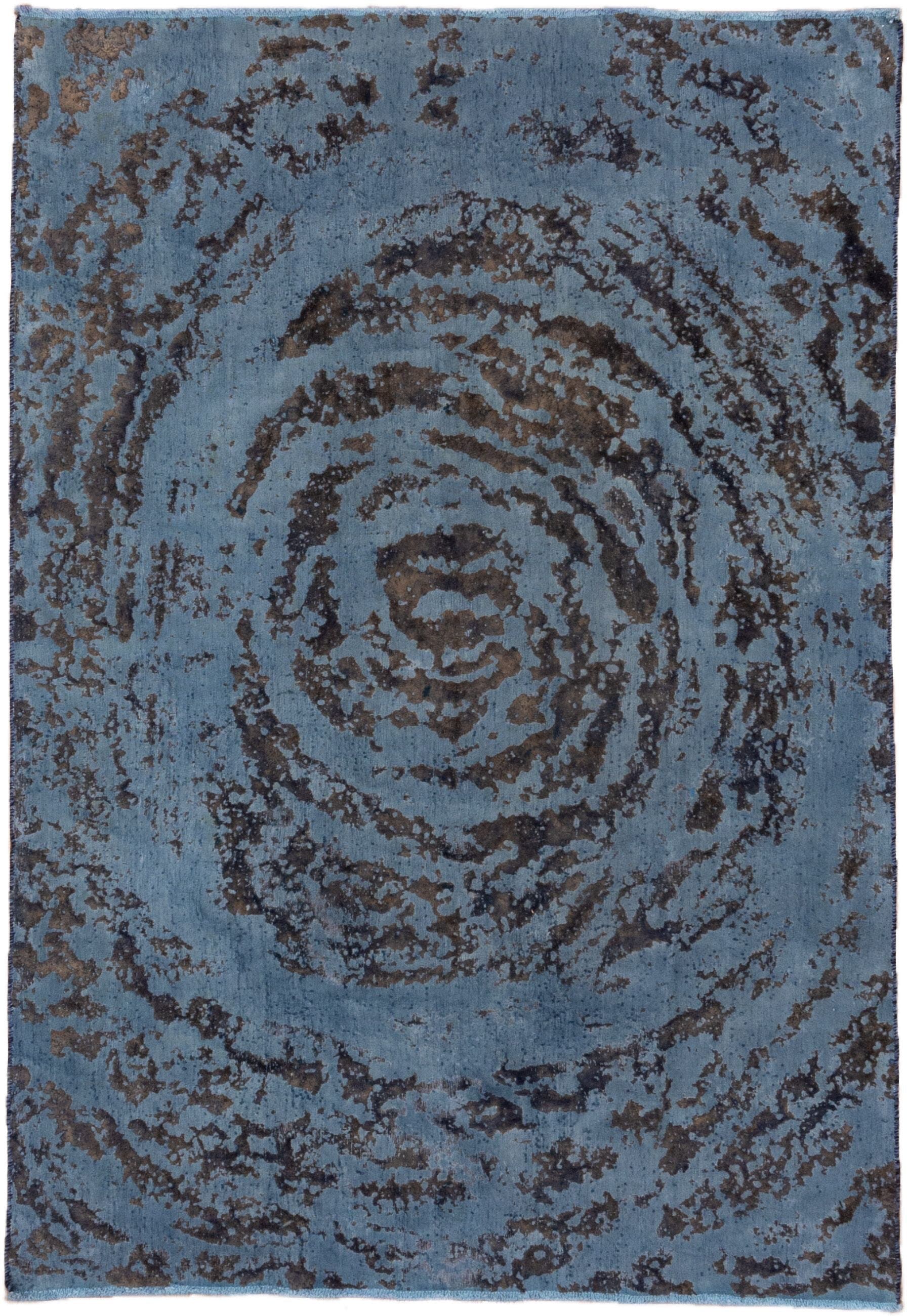 5' x 7' one-of-a-kind handmade vintage Overdyed rug. Color palette: blue, charcoal, slate, steel_blue, gray, black