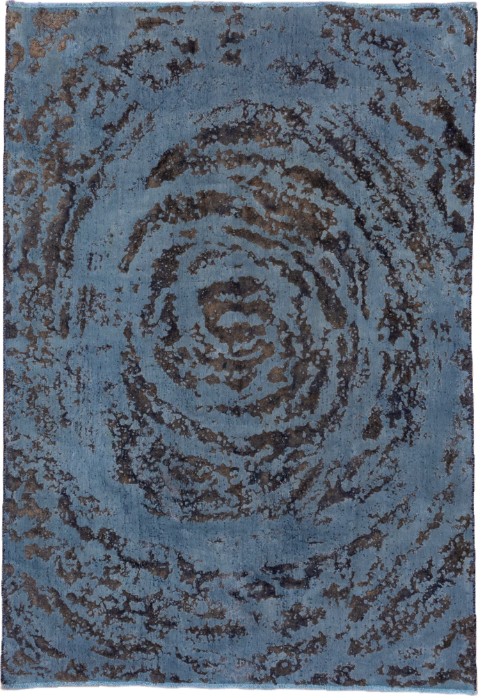 5' x 7' one-of-a-kind handmade vintage Overdyed rug. Color palette: blue, charcoal, slate, steel_blue, gray, black