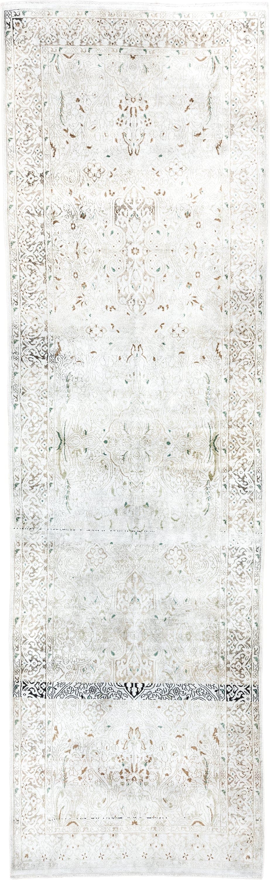 2' x 9' one-of-a-kind handmade vintage Kashmir runner rug. Color palette: ivory, cream, taupe, sage, beige, brown, gray