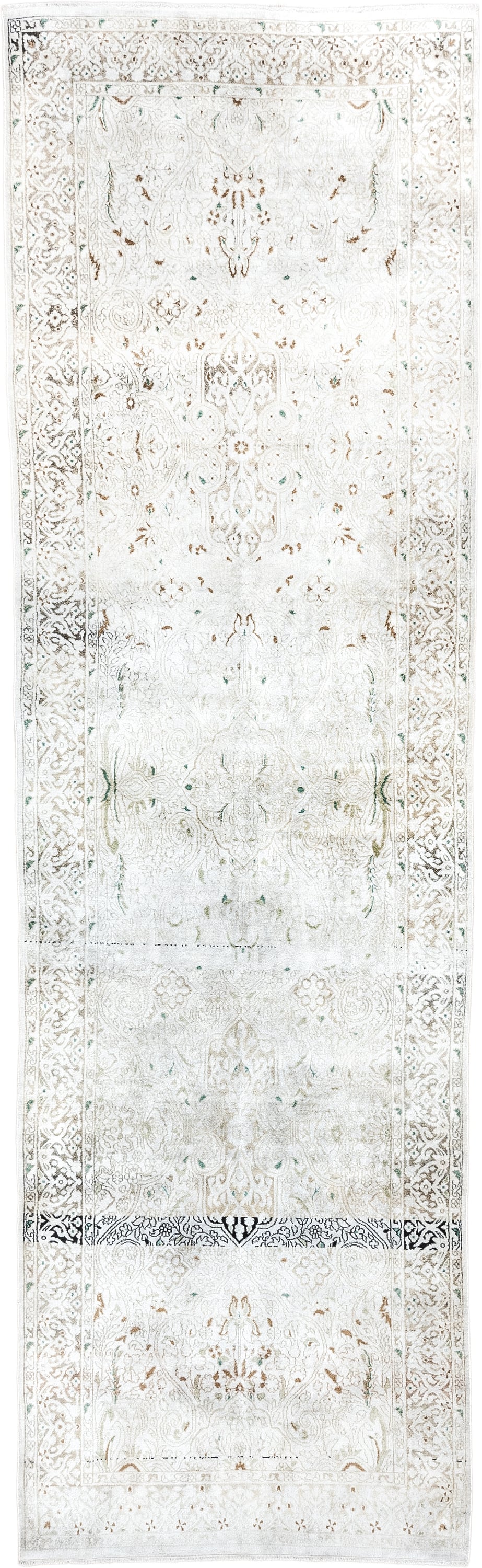 2' x 9' one-of-a-kind handmade vintage Kashmir runner rug. Color palette: ivory, cream, taupe, sage, beige, brown, gray
