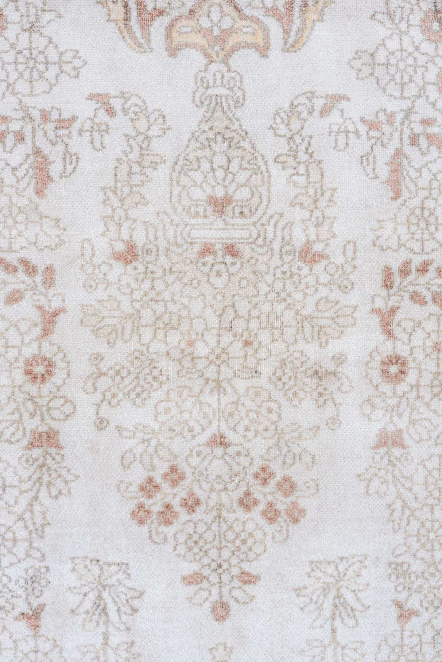 3' x 5' one-of-a-kind handmade antique Kashmir small size rug. Color palette: ivory, taupe, soft rose, beige, camel