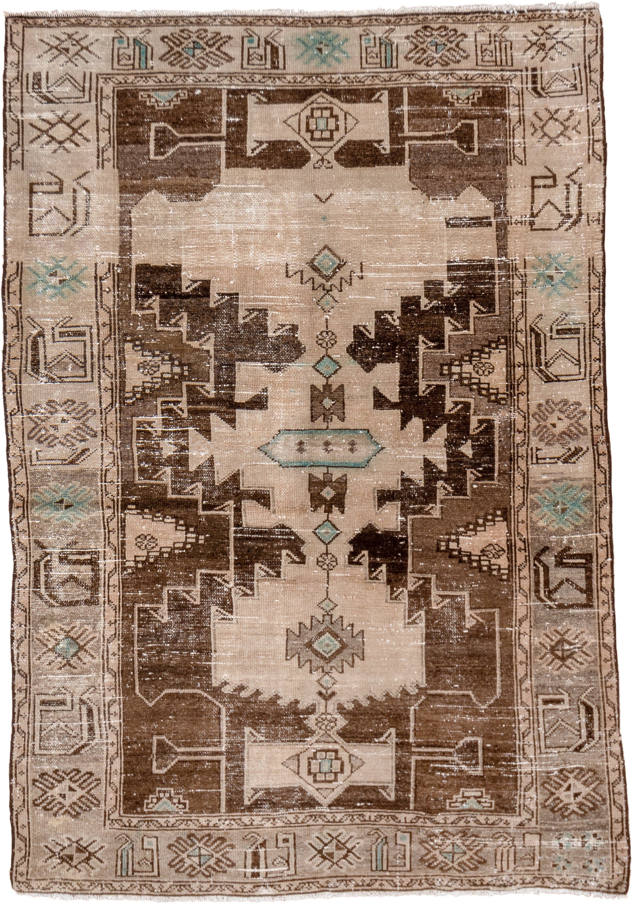 4' x 6' one-of-a-kind handmade antique Hamadan small size rug. Color palette: ivory, brown, taupe, aqua, beige, gray, teal