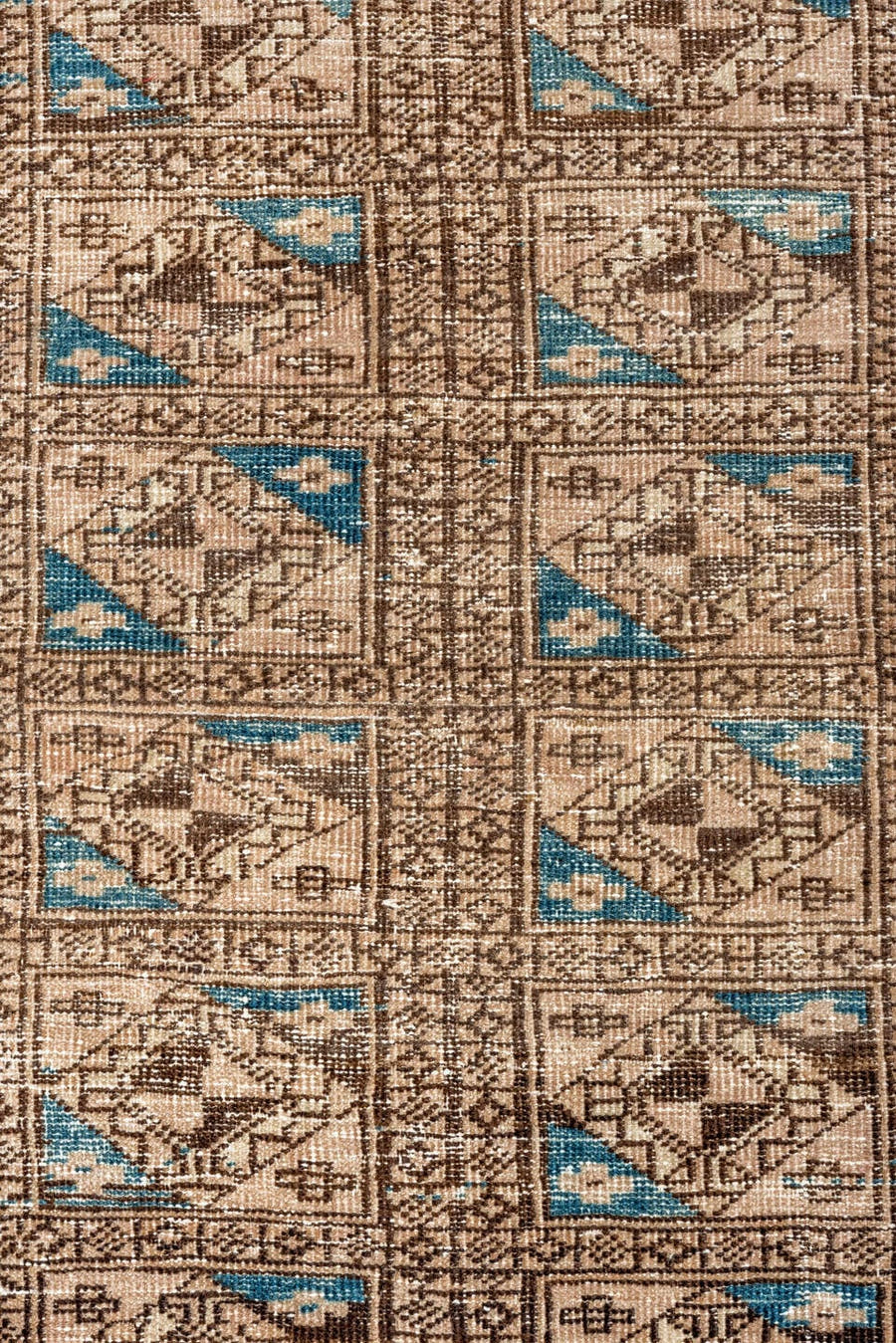 3' x 5' one-of-a-kind handmade antique Belouch small size rug. Color palette: camel, ivory, brown, sky_blue, taupe, beige