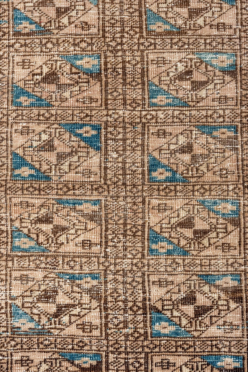 3' x 5' one-of-a-kind handmade antique Belouch small size rug. Color palette: camel, ivory, brown, sky_blue, taupe, beige