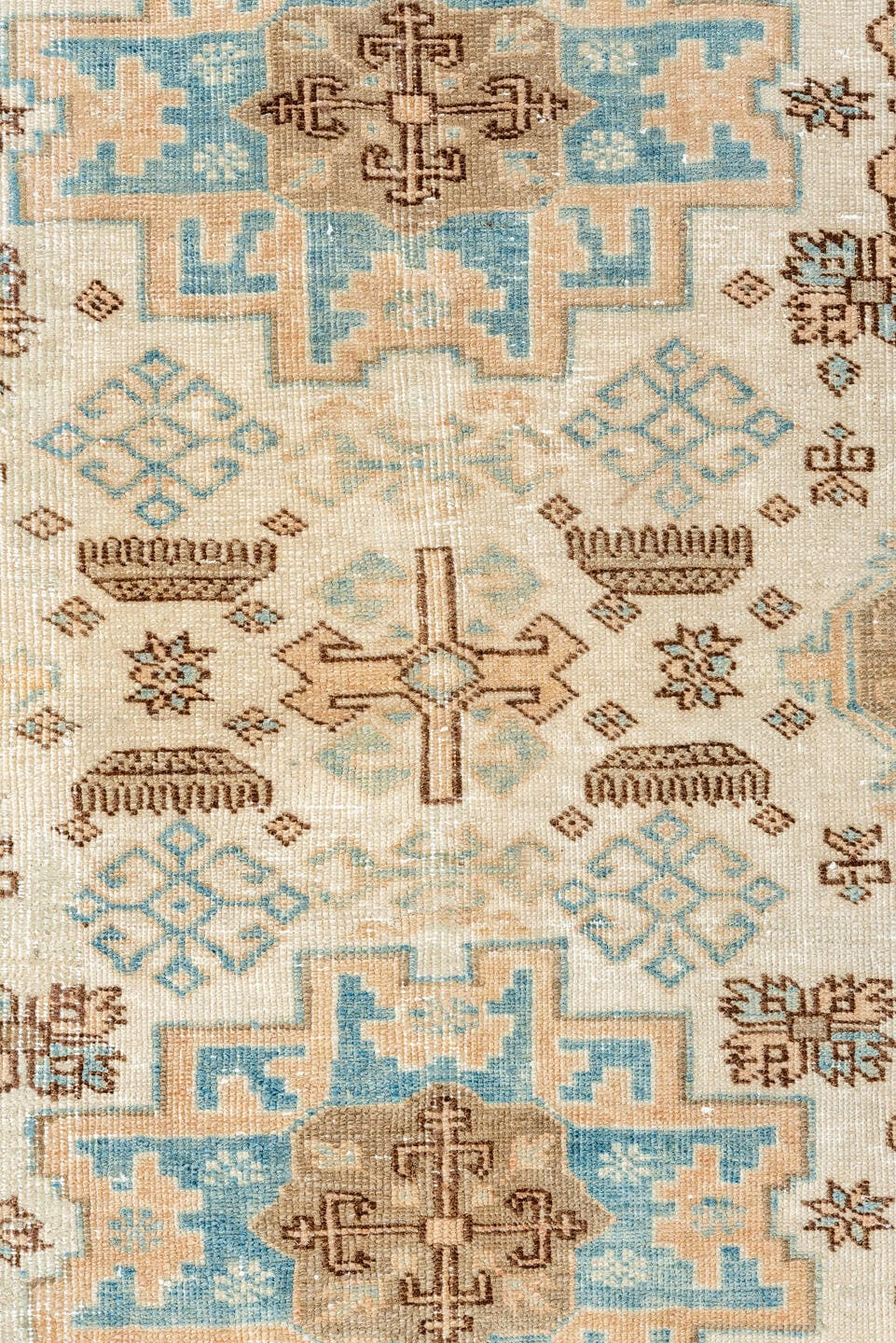 5' x 8' one-of-a-kind handmade antique Ardebil medium size rug. Color palette: ivory, sky blue, taupe, camel, brown, beige