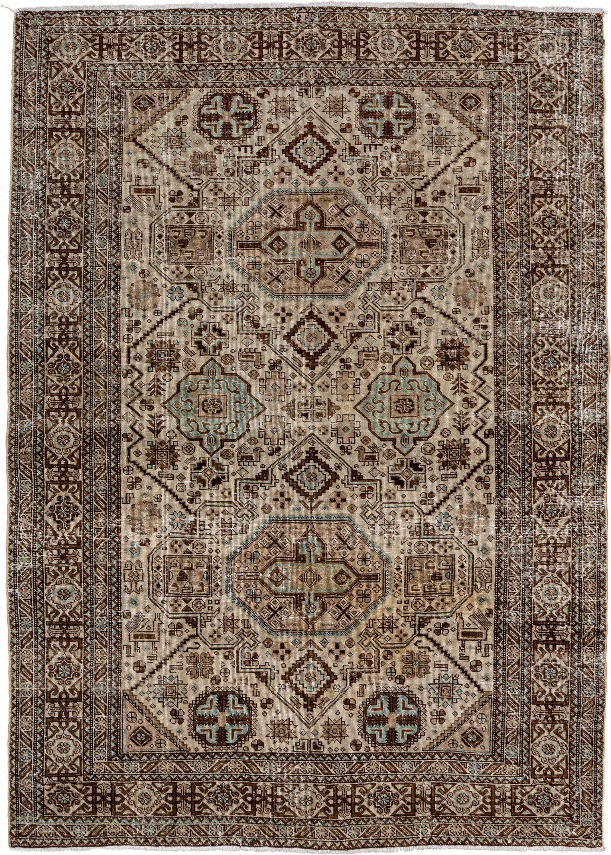 4' x 6' one-of-a-kind handmade vintage Ardebil small size rug. Color palette: ivory, brown, sky_blue, taupe, camel, charcoal