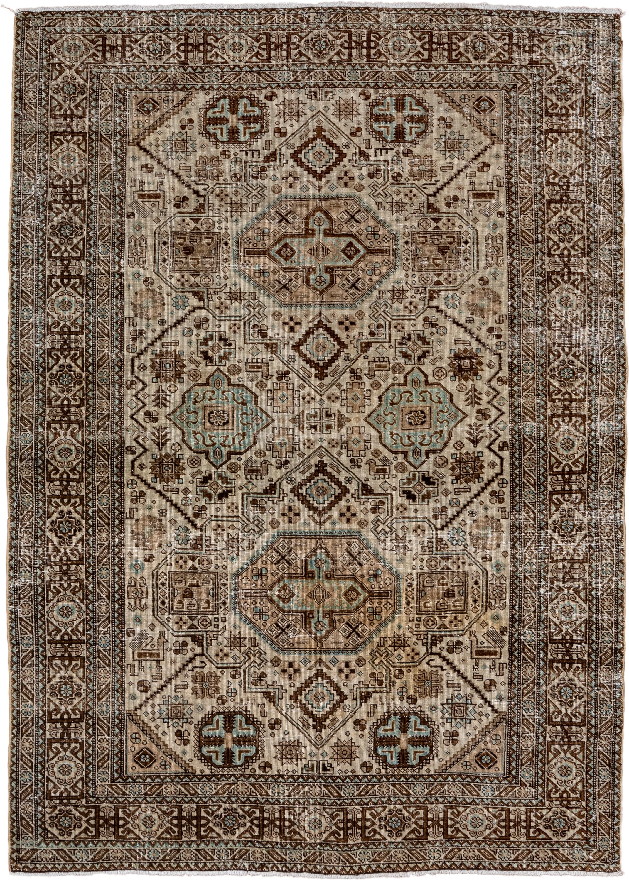 4' x 6' one-of-a-kind handmade vintage Ardebil small size rug. Color palette: ivory, brown, sky_blue, taupe, camel, charcoal