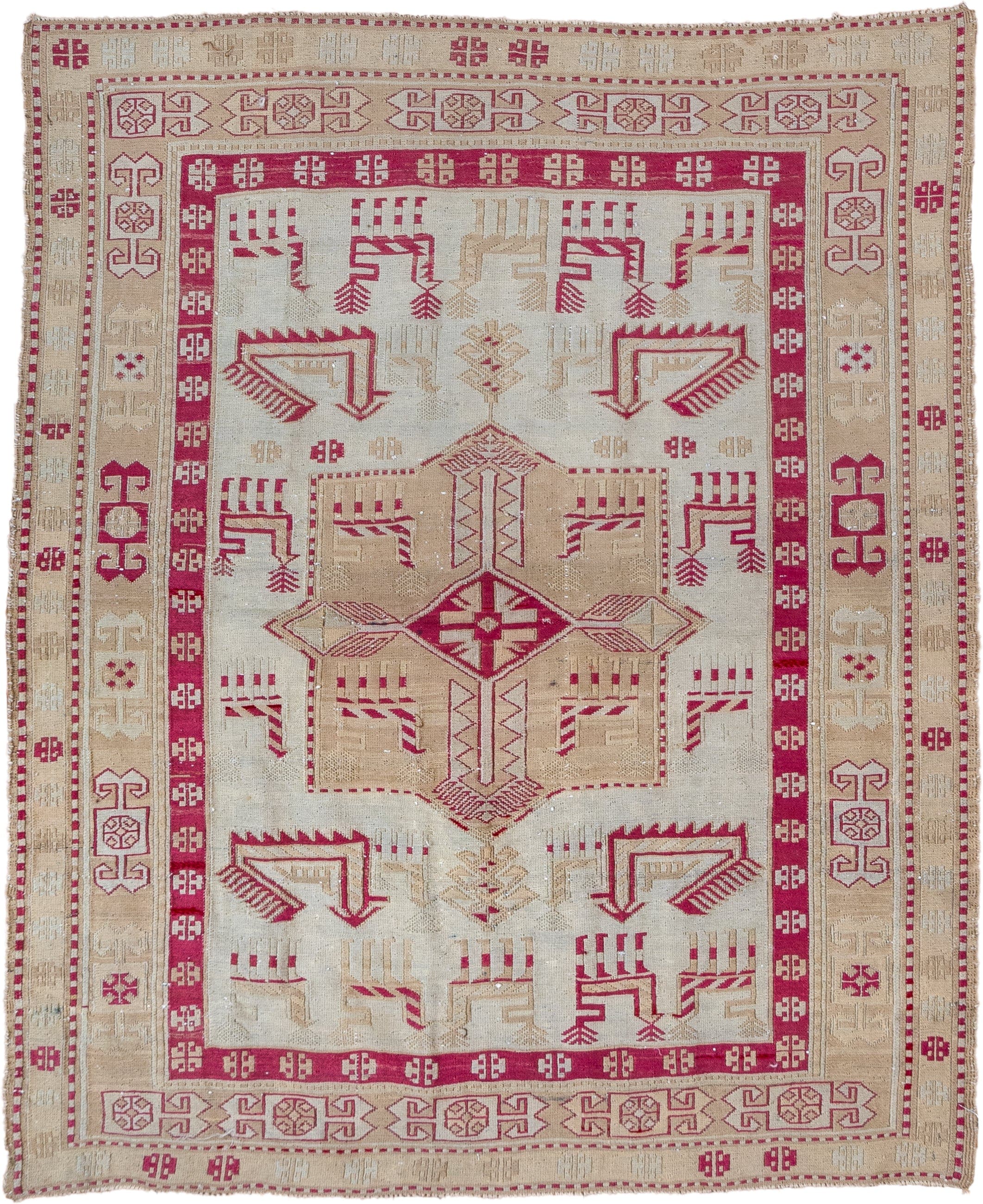 3' x 4' one-of-a-kind handmade antique Sumak small size rug. Color palette: ivory, camel, raspberry, beige, rose, red, pink