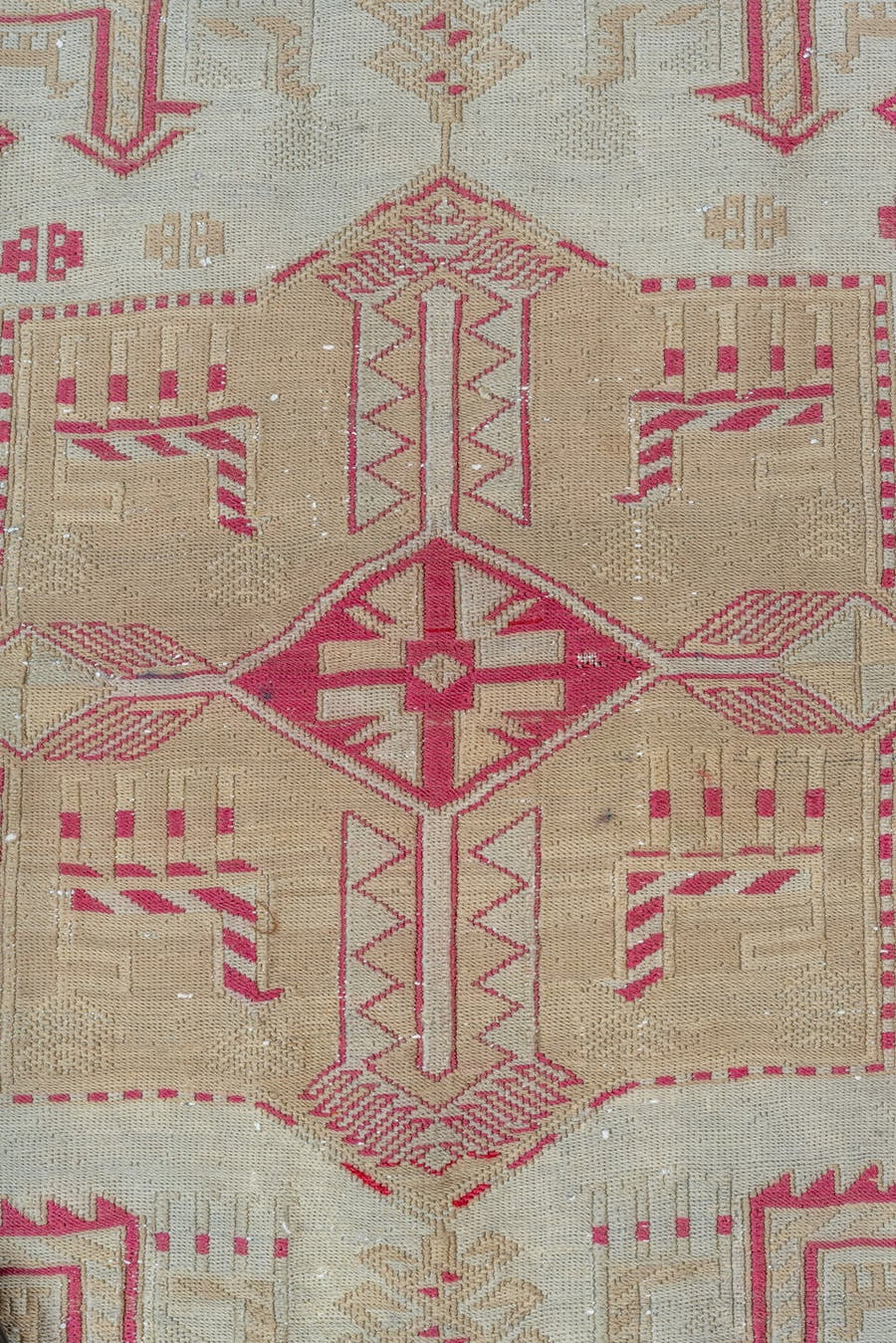 3' x 4' one-of-a-kind handmade antique Sumak small size rug. Color palette: ivory, camel, raspberry, beige, rose, red, pink