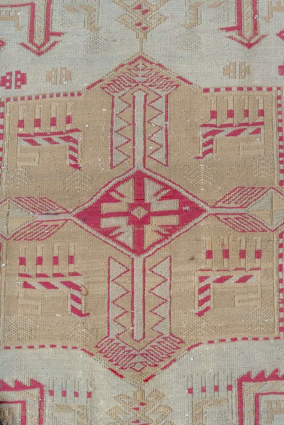 3' x 4' one-of-a-kind handmade antique Sumak small size rug. Color palette: ivory, camel, raspberry, beige, rose, red, pink
