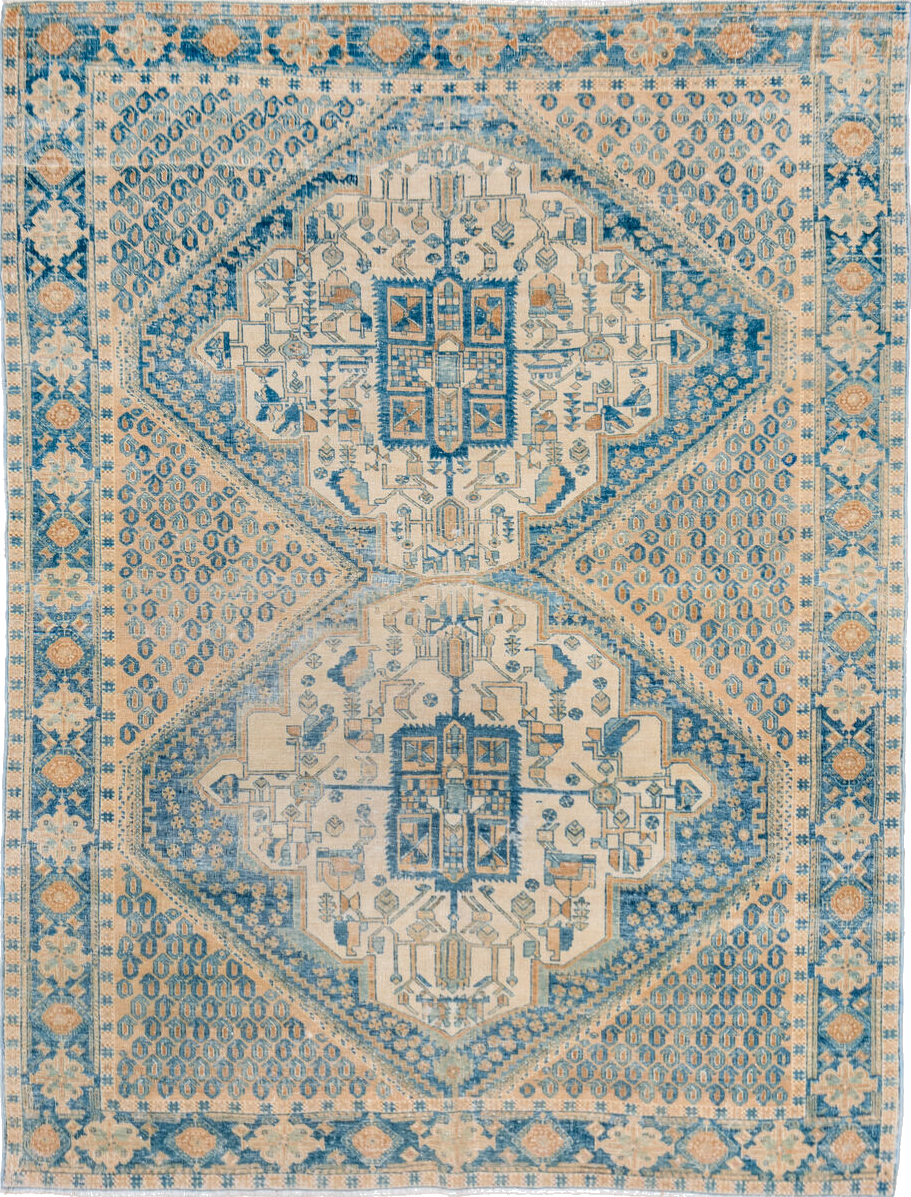 5' x 6' one-of-a-kind handmade vintage Afshar rug. Color palette: blue, brown, dark gray, dim gray, gray, light blue