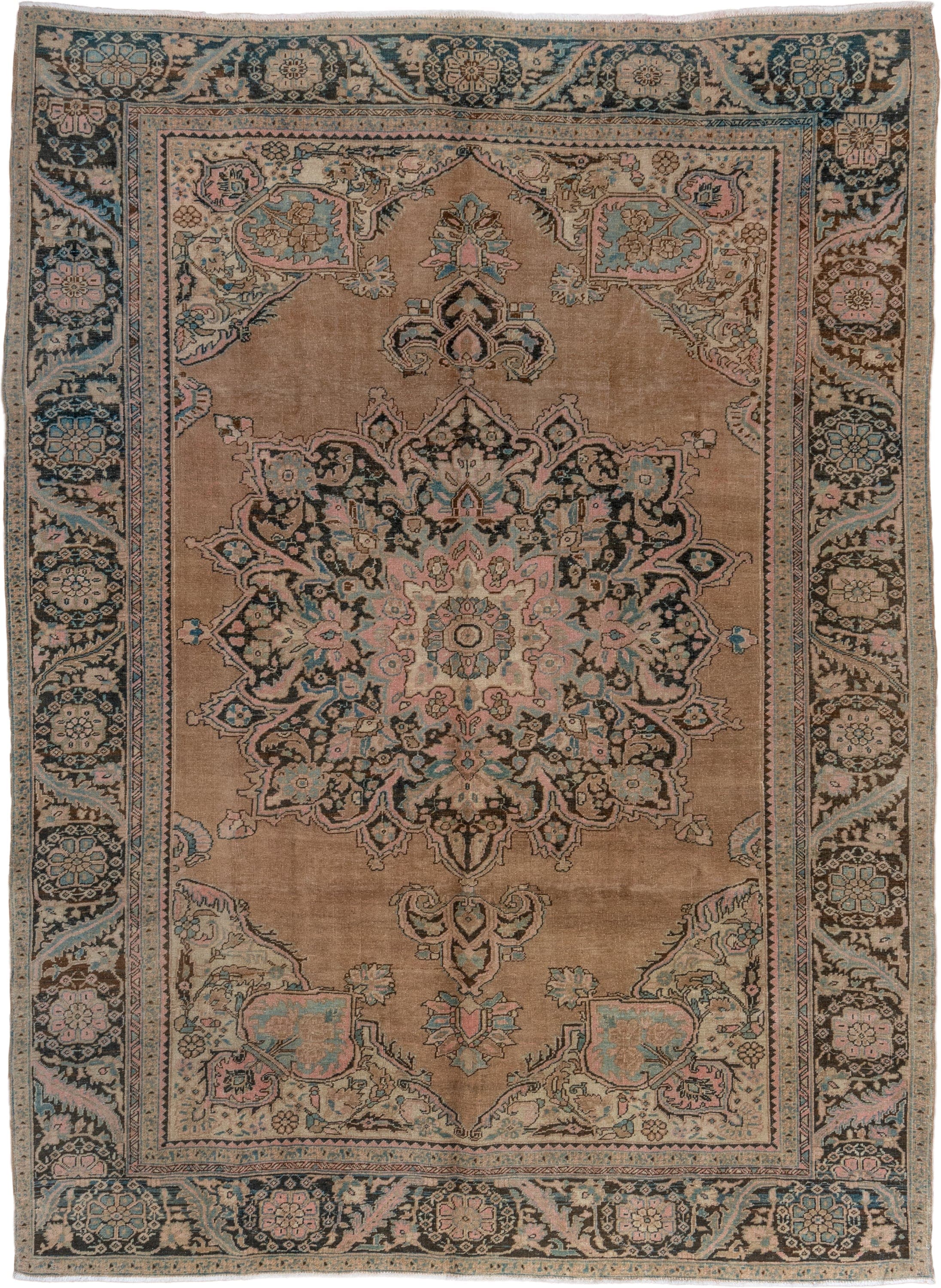 9' x 11' one-of-a-kind handmade antique Heriz large size rug. Color palette: camel, charcoal, ivory, pale blue, blush, taupe