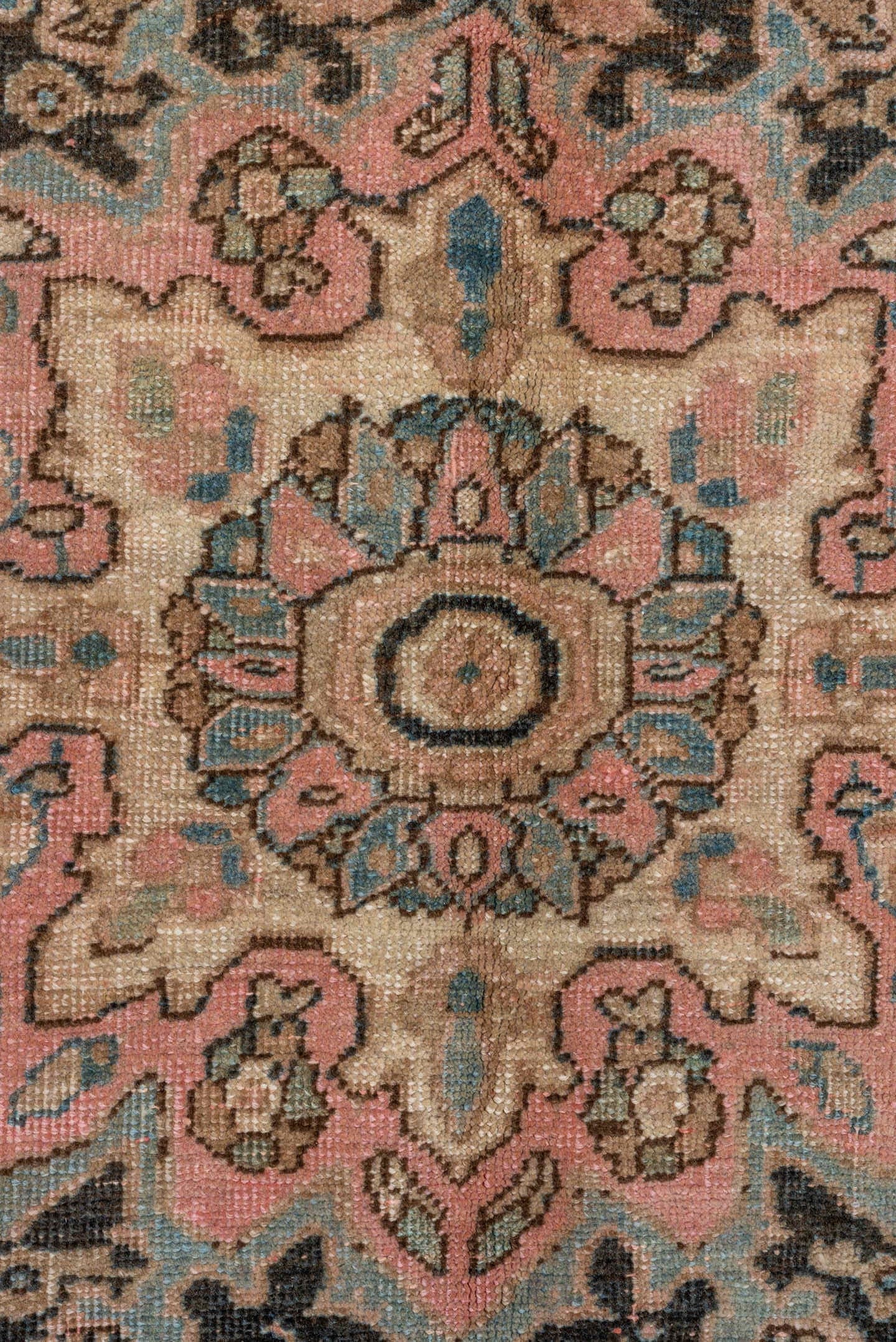 9' x 11' one-of-a-kind handmade antique Heriz large size rug. Color palette: camel, charcoal, ivory, pale blue, blush, taupe