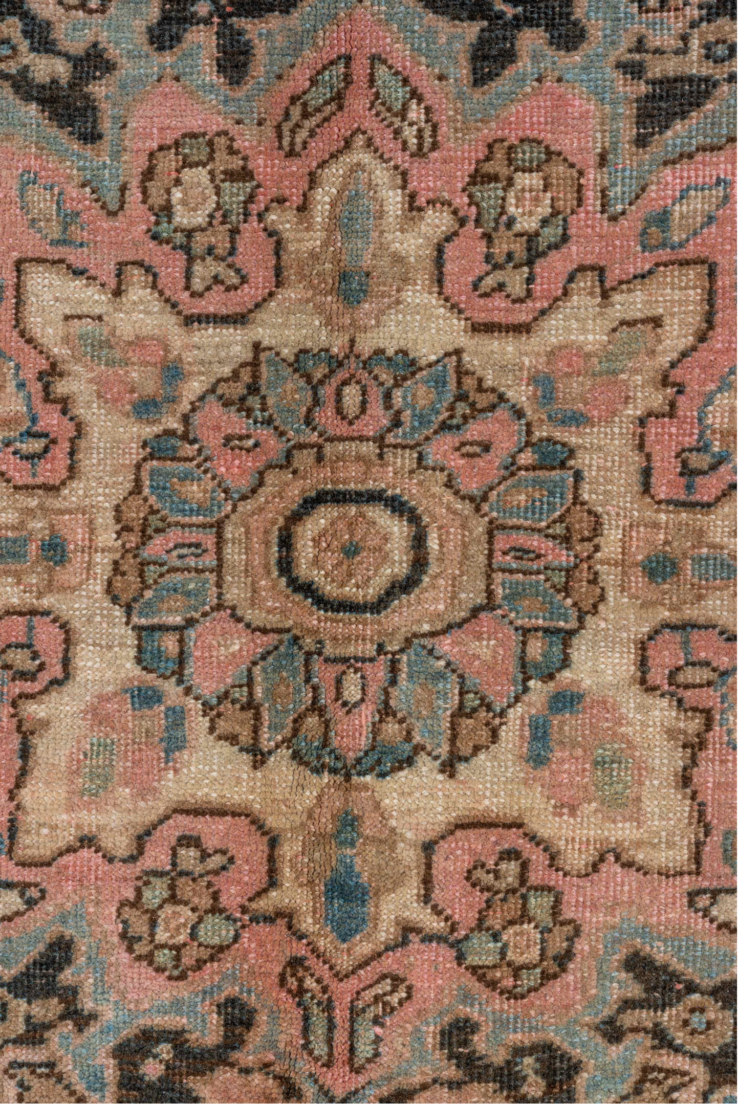 9' x 11' one-of-a-kind handmade antique Heriz large size rug. Color palette: camel, charcoal, ivory, pale blue, blush, taupe