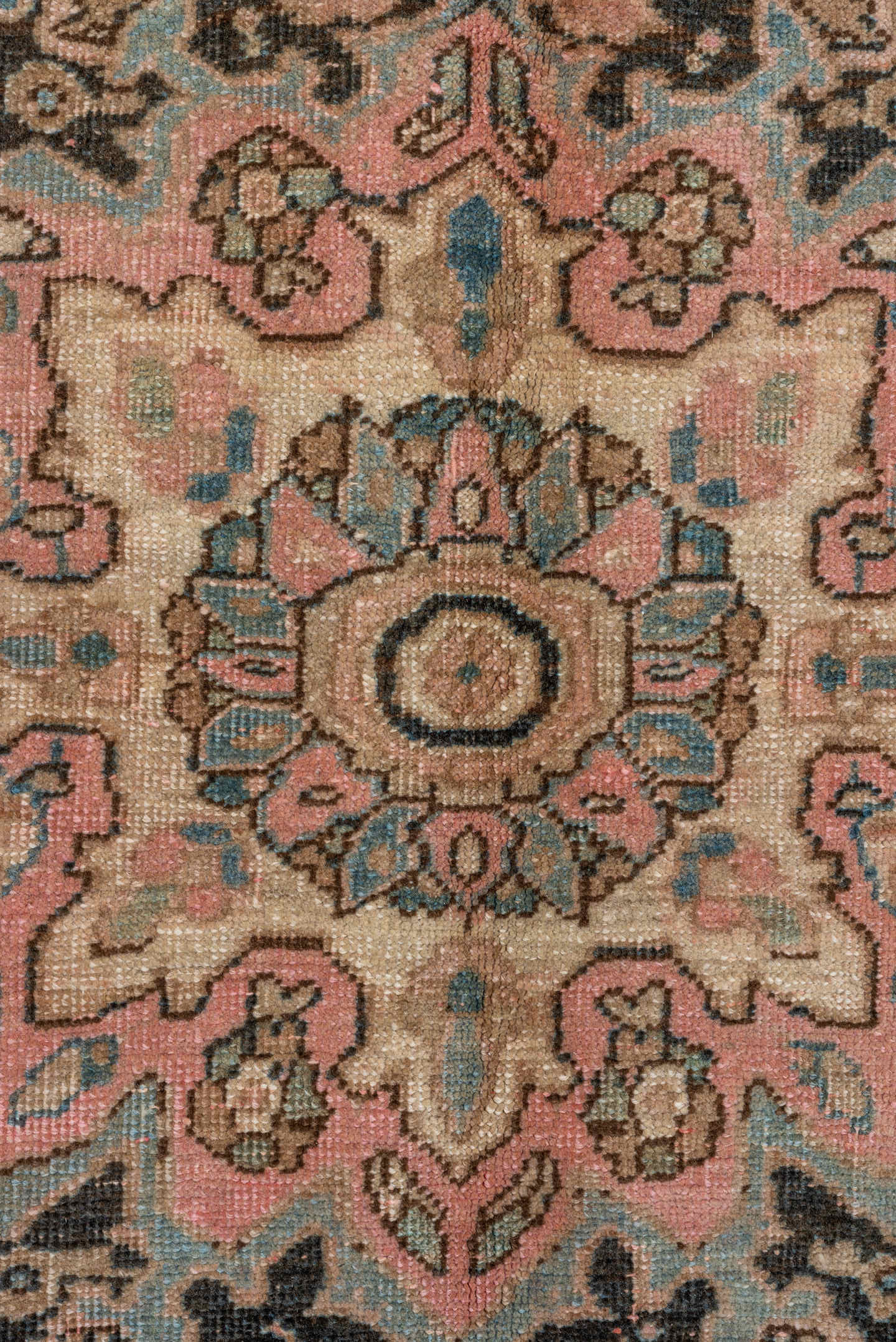 9' x 11' one-of-a-kind handmade antique Heriz large size rug. Color palette: camel, charcoal, ivory, pale blue, blush, taupe