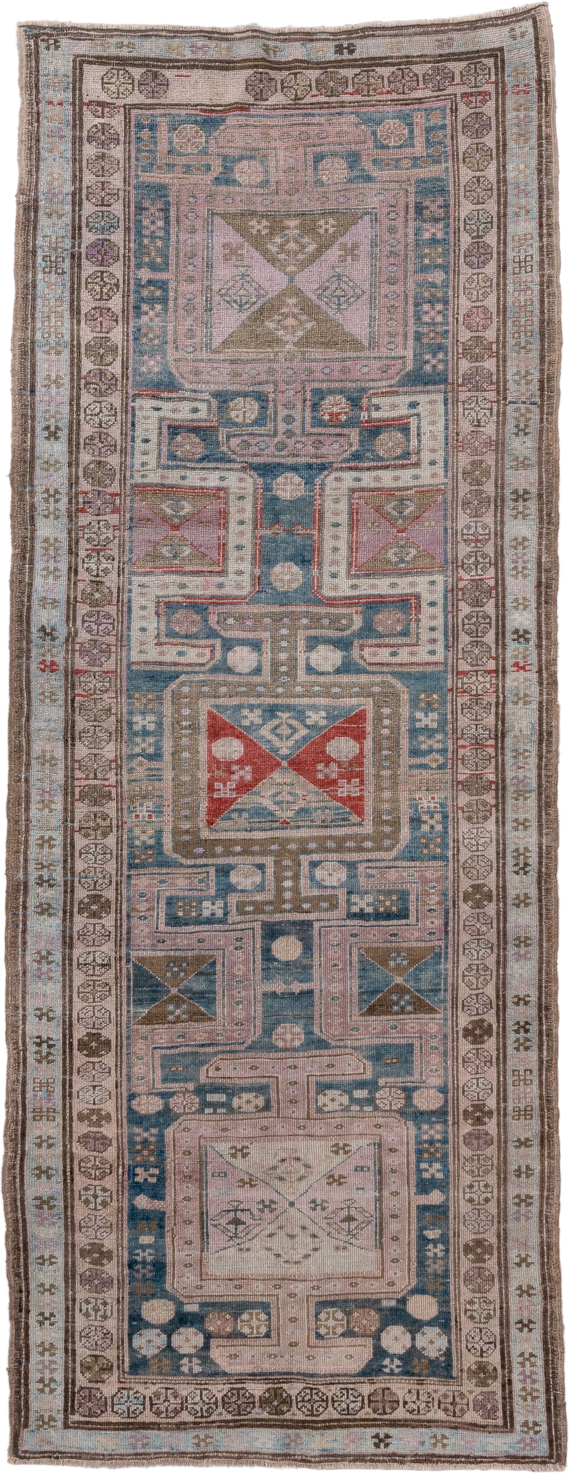 3' x 9' one-of-a-kind handmade antique Caucasian runner rug. Color palette: sky blue, ivory, taupe, brown, rust, rose, slate