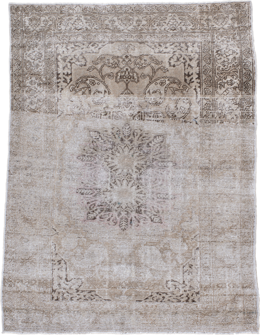 3' x 5' one-of-a-kind handmade antique Kaisary small size rug. Color palette: ivory, taupe, beige, brown, soft pink, camel