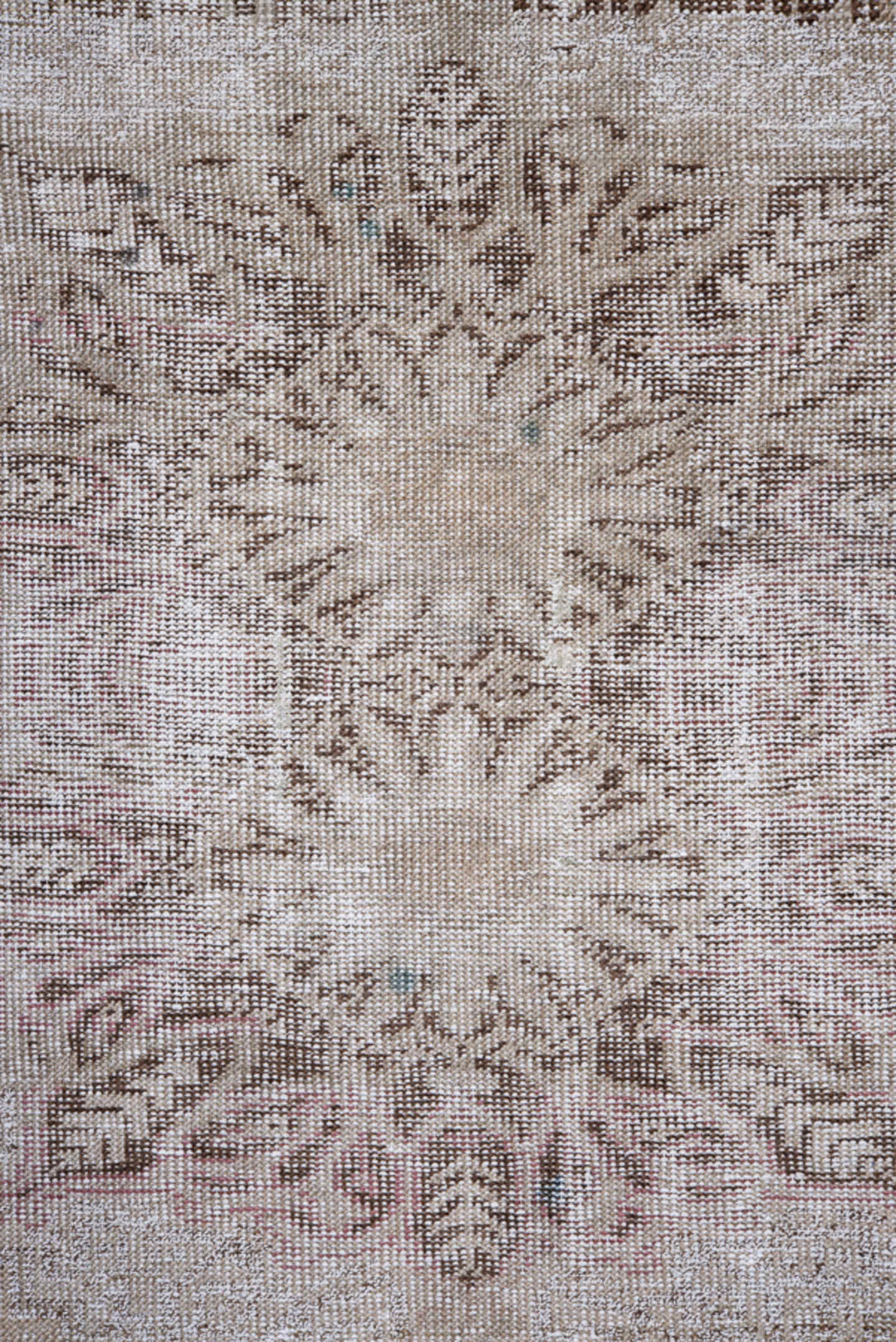 3' x 5' one-of-a-kind handmade antique Kaisary small size rug. Color palette: ivory, taupe, beige, brown, soft pink, camel