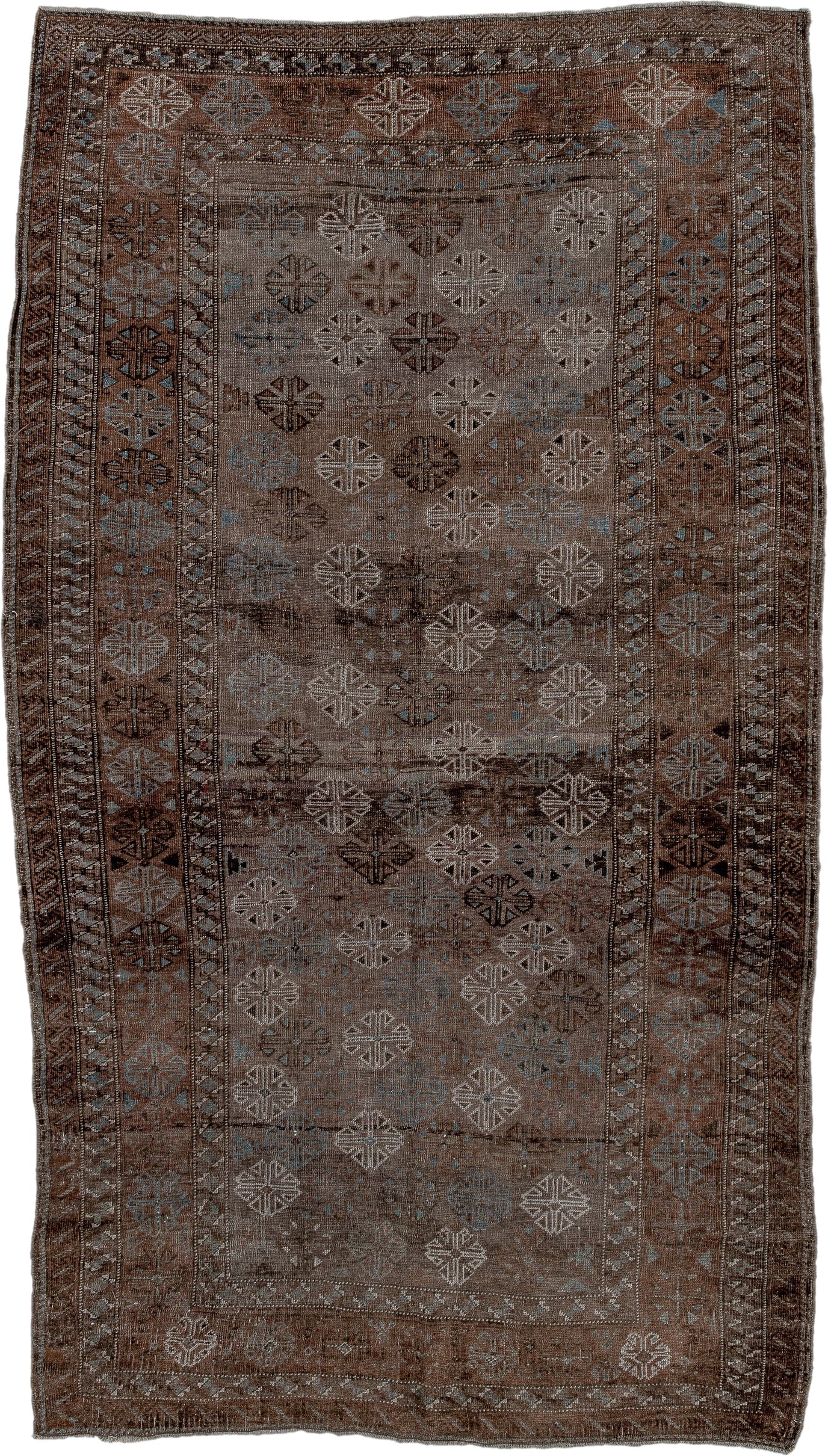 5' x 8' one-of-a-kind handmade vintage Belouch medium size rug. Color palette: brown, taupe, ivory, charcoal, slate, camel