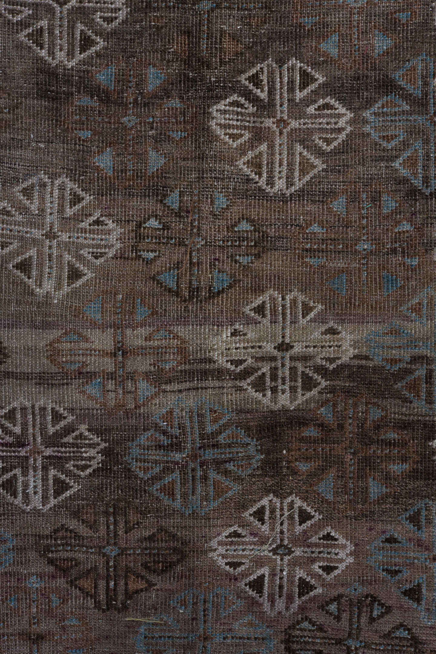 5' x 8' one-of-a-kind handmade vintage Belouch medium size rug. Color palette: brown, taupe, ivory, charcoal, slate, camel