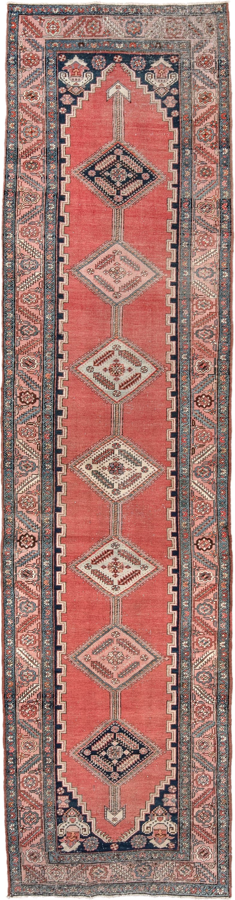 3' x 12' one-of-a-kind handmade antique Serapi runner rug. Color palette: coral, navy, ivory, rose, slate, taupe, terracotta