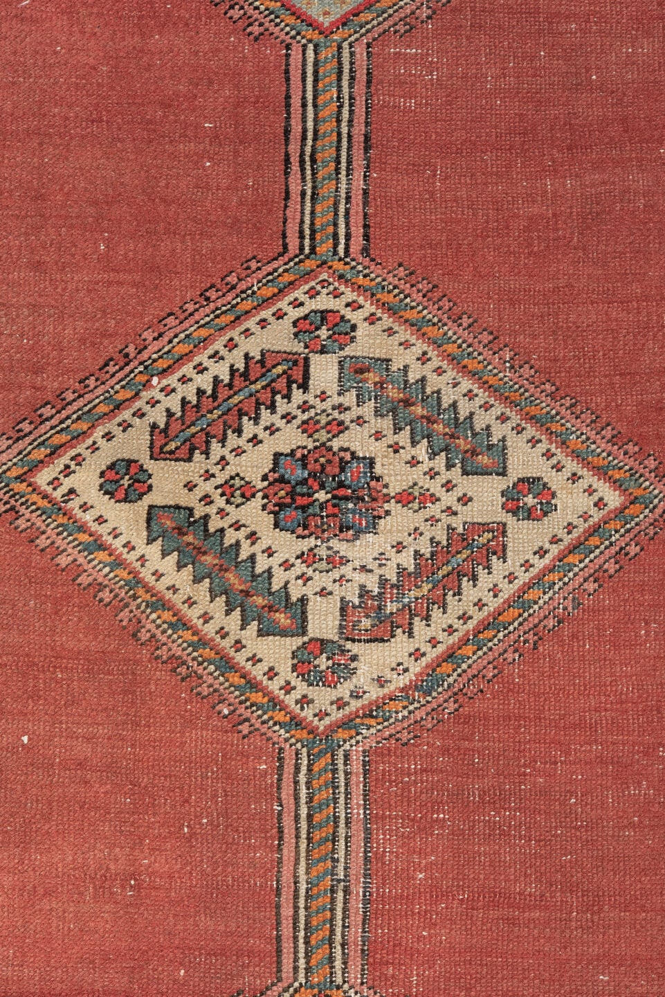 3' x 12' one-of-a-kind handmade antique Serapi runner rug. Color palette: coral, navy, ivory, rose, slate, taupe, terracotta
