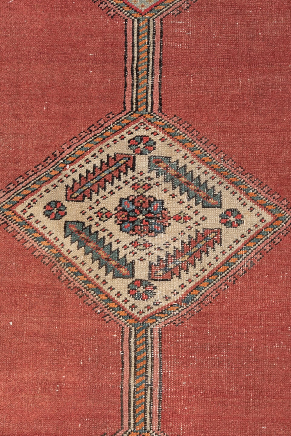 3' x 12' one-of-a-kind handmade antique Serapi runner rug. Color palette: coral, navy, ivory, rose, slate, taupe, terracotta