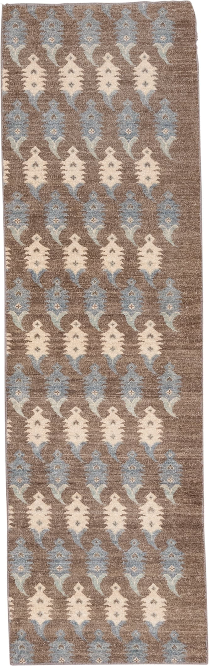 2' x 6' one-of-a-kind handmade vintage Botteh runner rug. Color palette: taupe, ivory, pale blue, brown, beige, gray