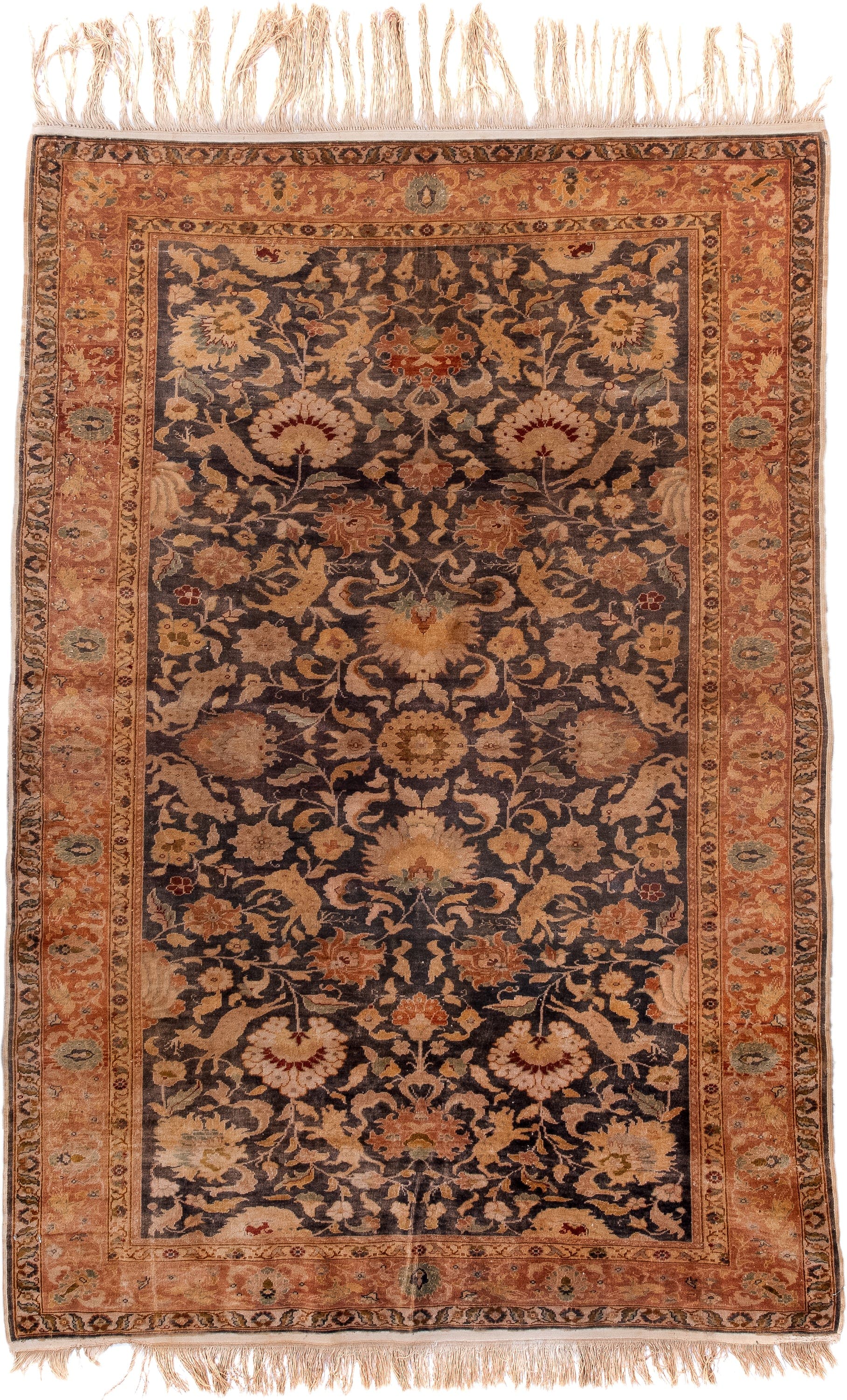 4' x 6' one-of-a-kind handmade antique Kaisary small size rug. Color palette: brown, terra cotta, camel, ivory, taupe, sage