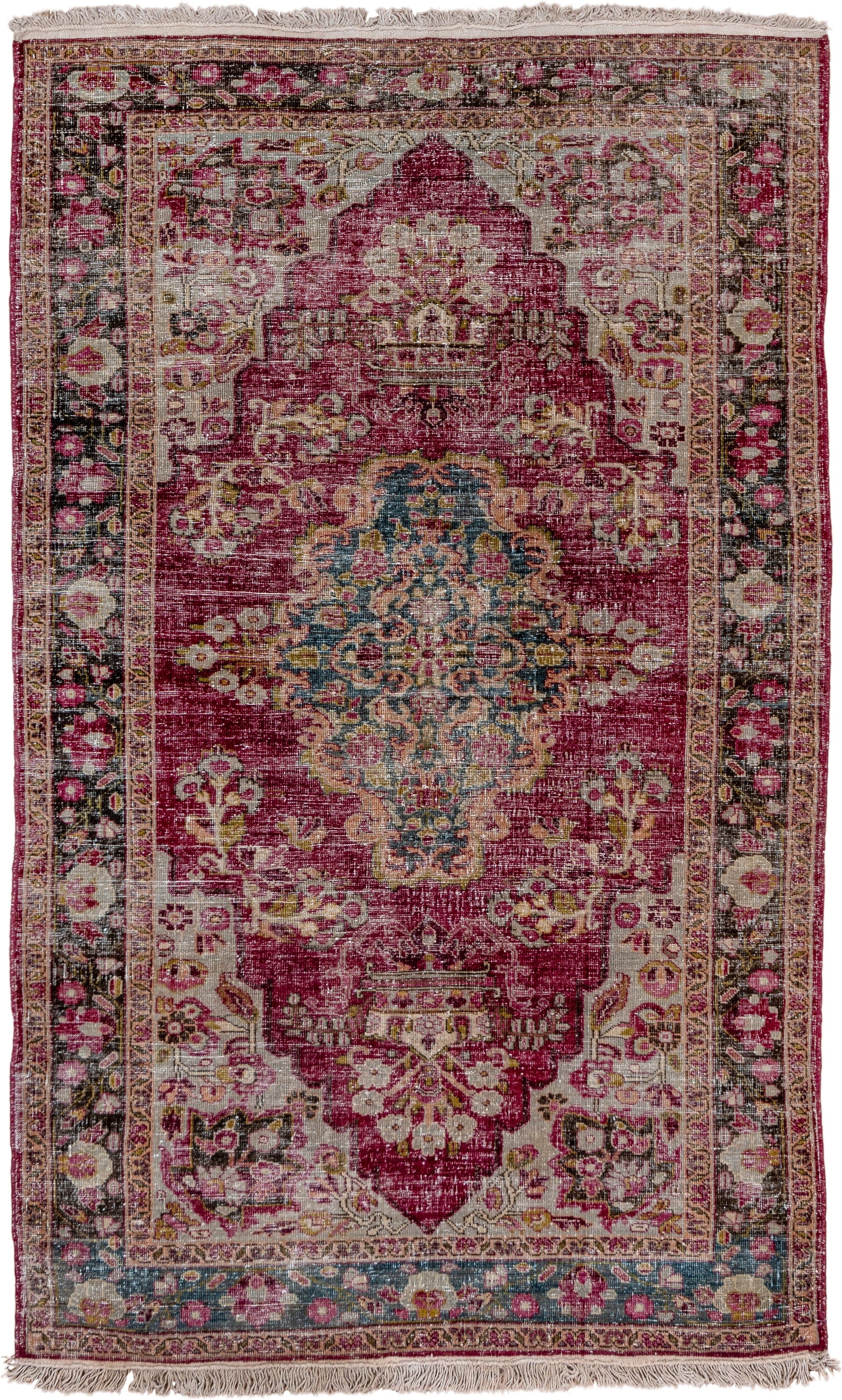 4' x 7' one-of-a-kind handmade antique Sivas rug. Color palette: rose, ivory, crimson, charcoal, dusty blue, taupe, pink