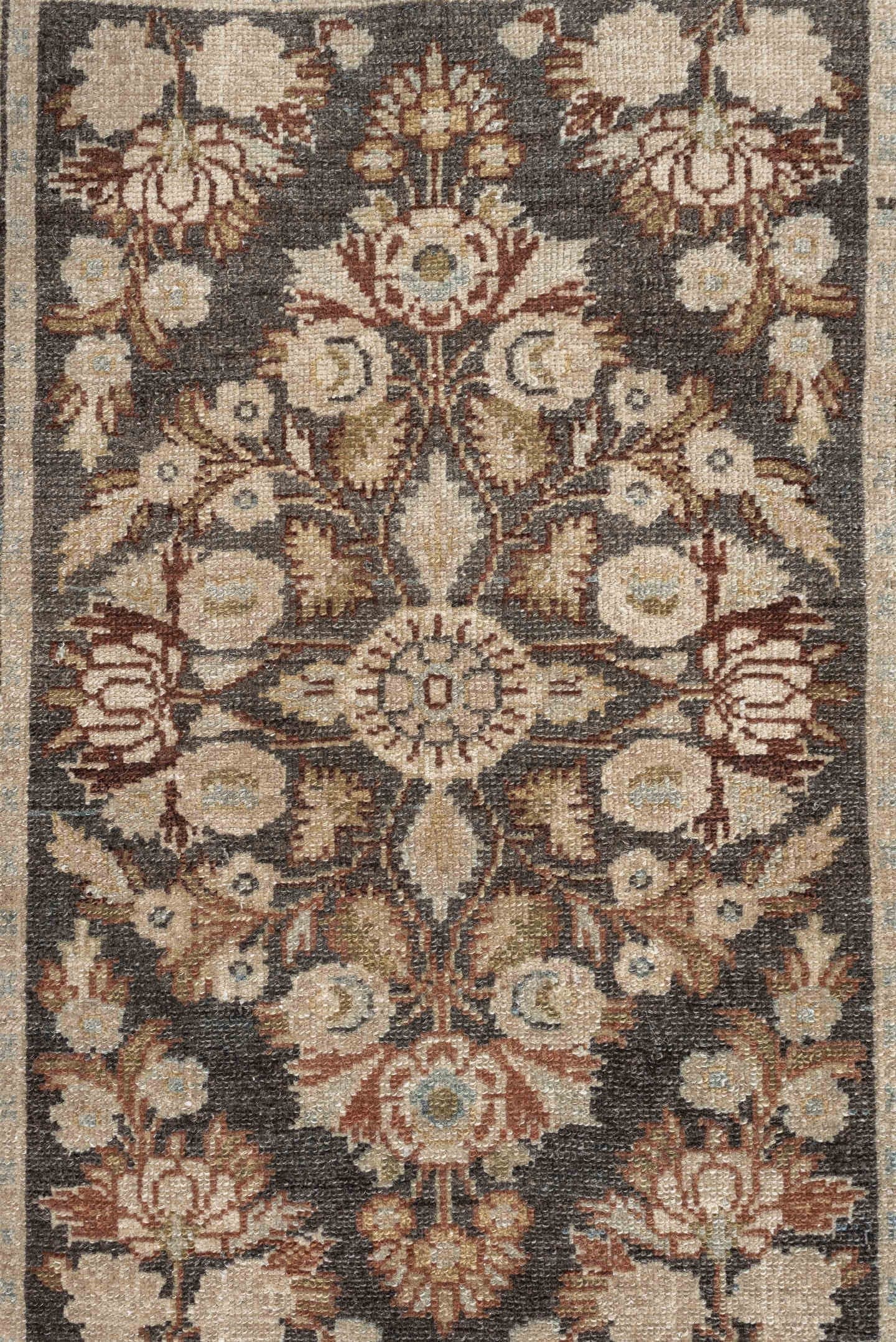 2' x 3' one-of-a-kind handmade vintage Dargazin small size rug. Color palette: charcoal, ivory, pale blue, taupe, rust