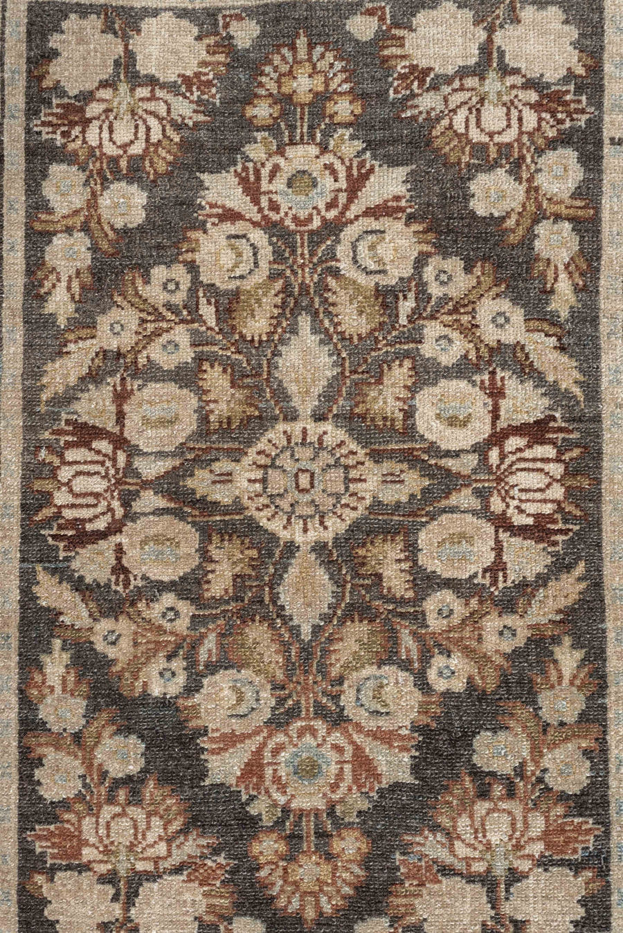 2' x 3' one-of-a-kind handmade vintage Dargazin small size rug. Color palette: charcoal, ivory, pale blue, taupe, rust