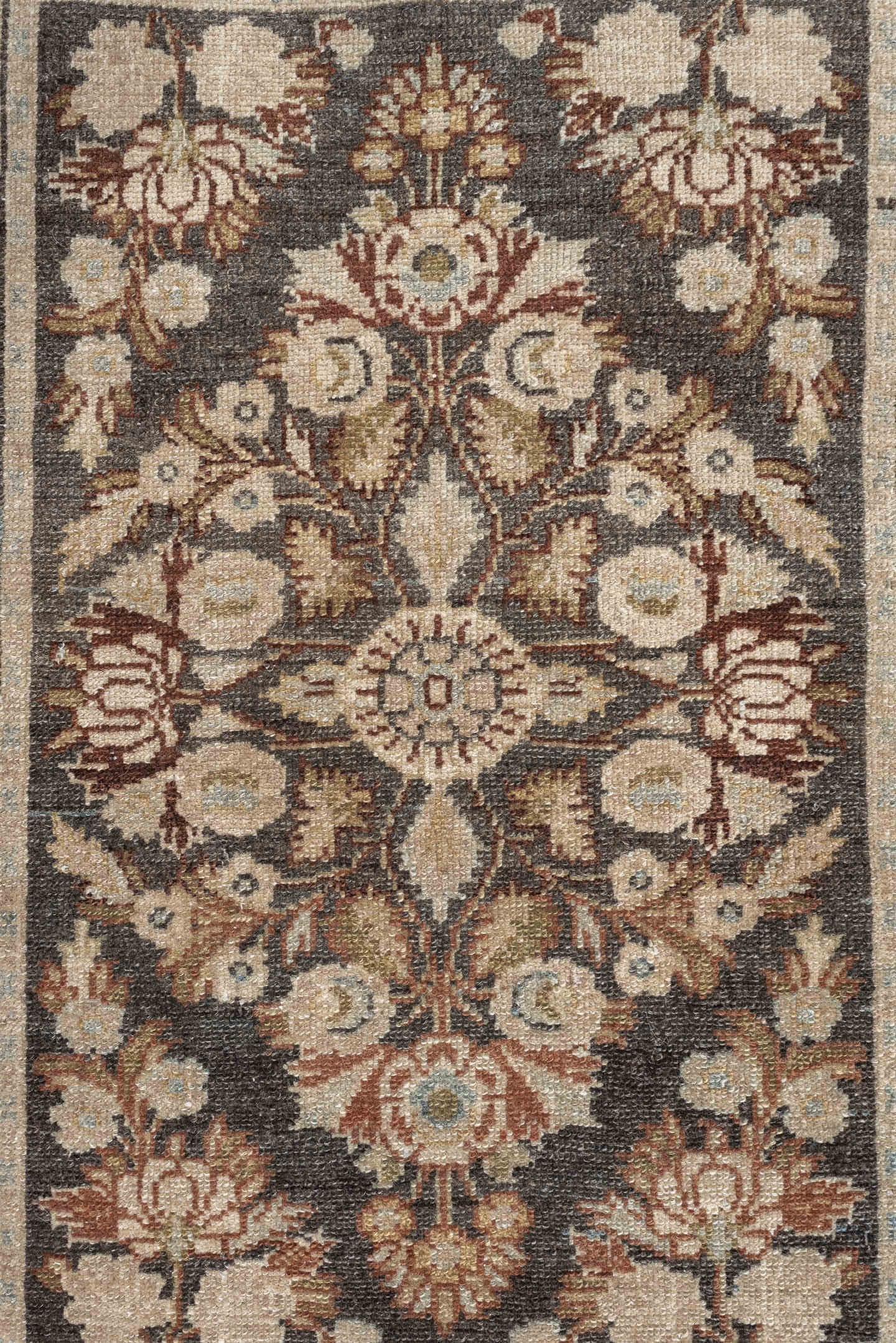 2' x 3' one-of-a-kind handmade vintage Dargazin small size rug. Color palette: charcoal, ivory, pale blue, taupe, rust