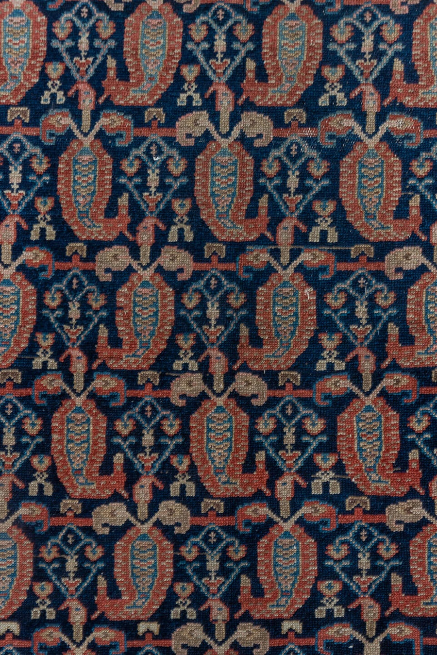 4' x 5' one-of-a-kind handmade vintage Malayer small size rug. Color palette: ivory, navy, rust, blue, camel, rose