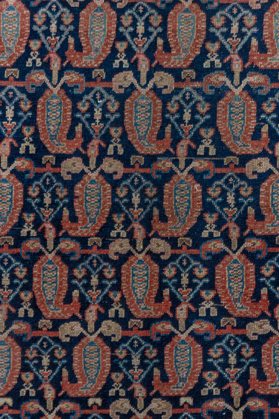 4' x 5' one-of-a-kind handmade vintage Malayer small size rug. Color palette: ivory, navy, rust, blue, camel, rose